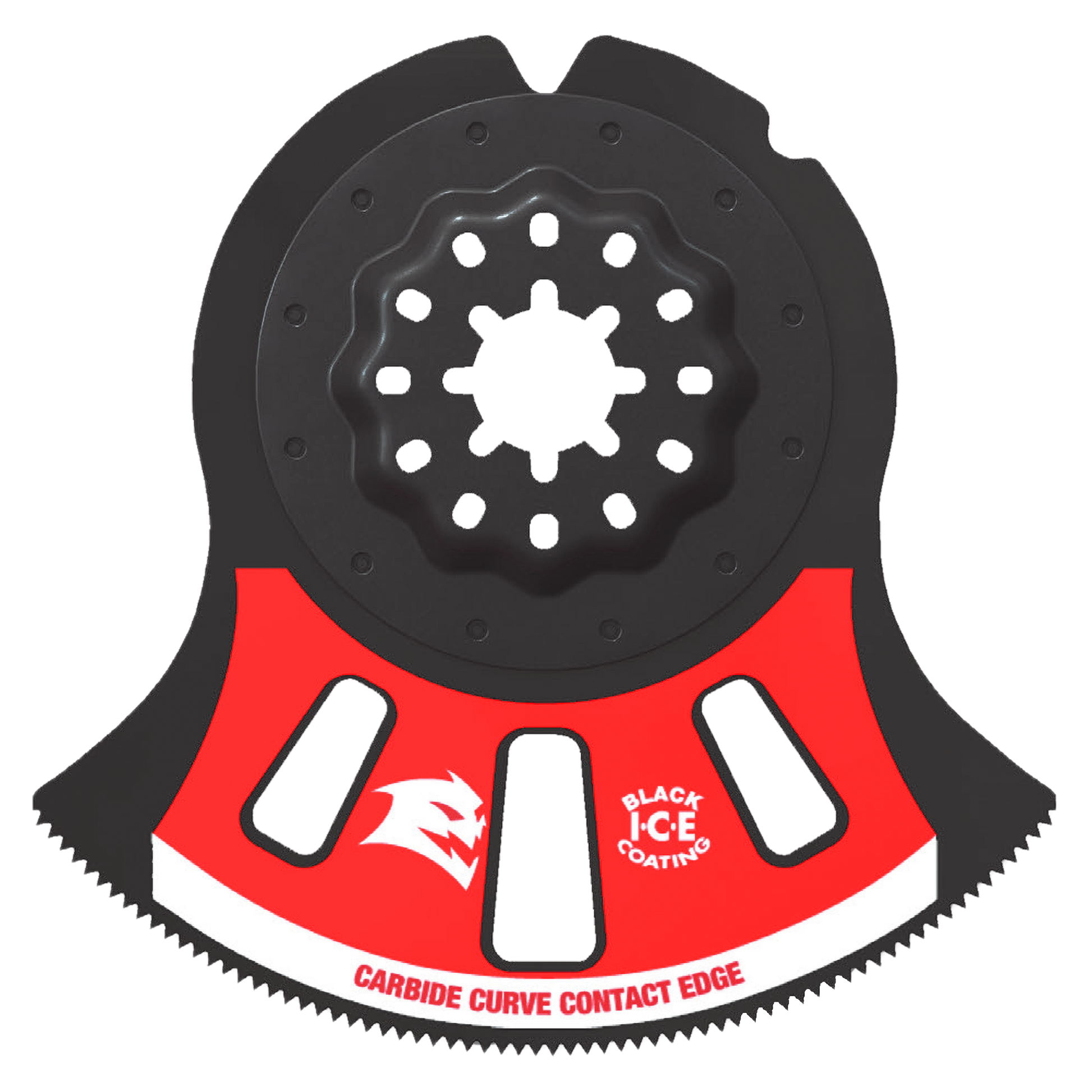 Black and red Starlock oscillating blade with carbide-coated curved edge and central mounting hub.
