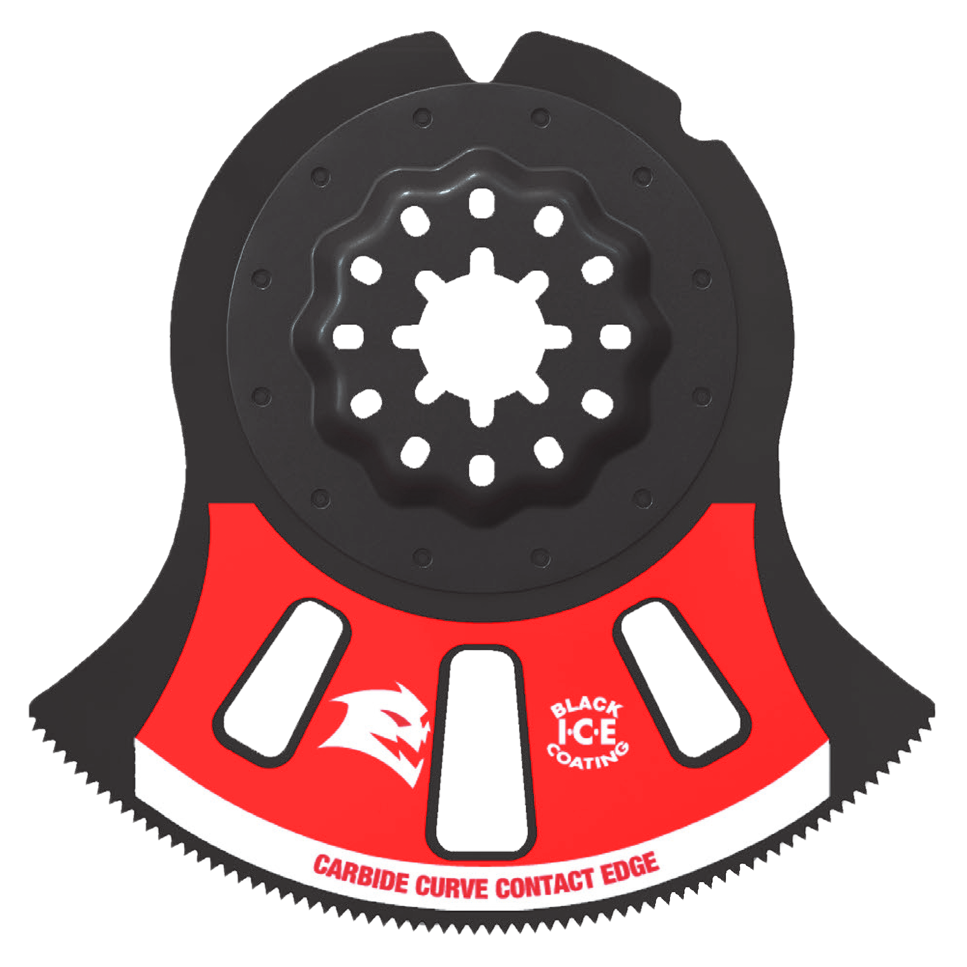 Black and red Starlock oscillating blade with carbide-coated curved edge and central mounting hub.