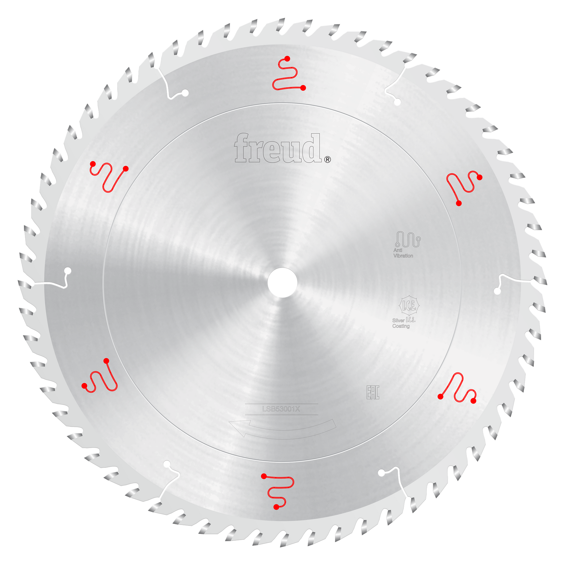 Freud 530mm circular saw blade with silver coating and red logos, featuring multiple teeth around the perimeter and center ar