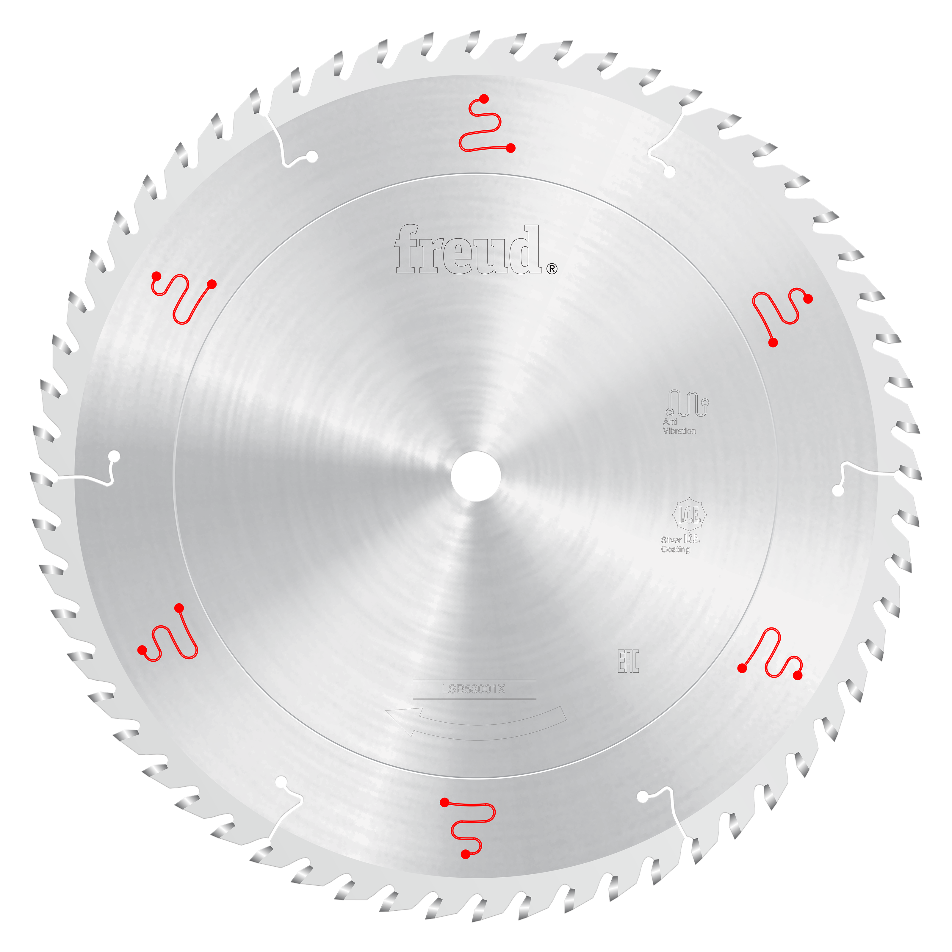 Freud 530mm circular saw blade with silver coating and red logos, featuring multiple teeth around the perimeter and center ar