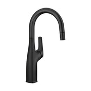 Matte black bar faucet with curved spout and single lever handle.