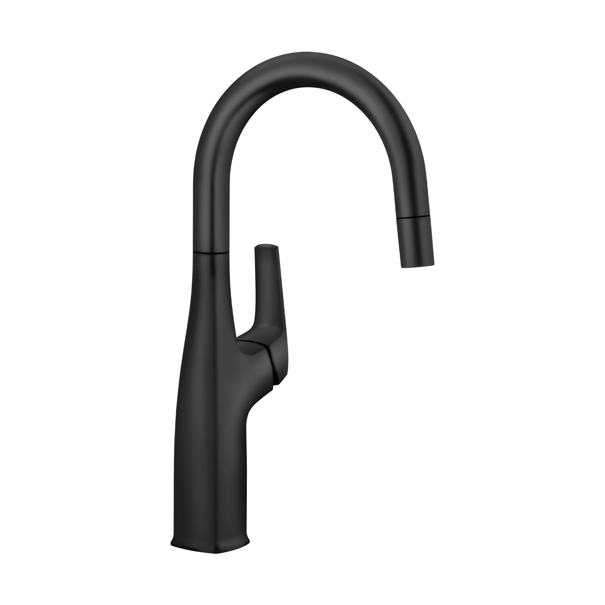 Matte black bar faucet with curved spout and single lever handle.