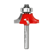 Router bit with red cutting head and silver metal shaft, featuring rounded cutting edges and bearing collar.
