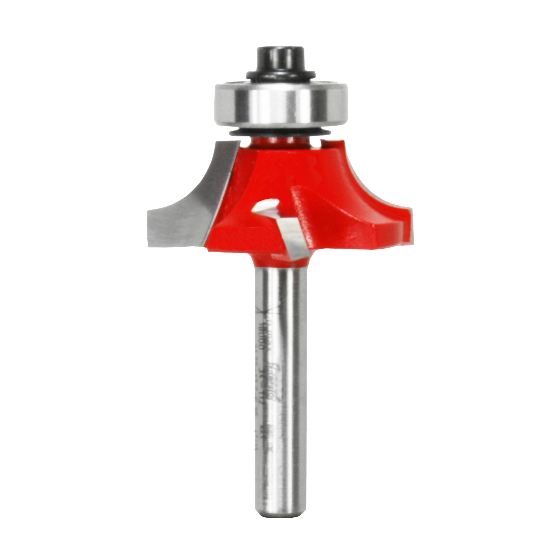 Router bit with red cutting head and silver metal shaft, featuring rounded cutting edges and bearing collar.