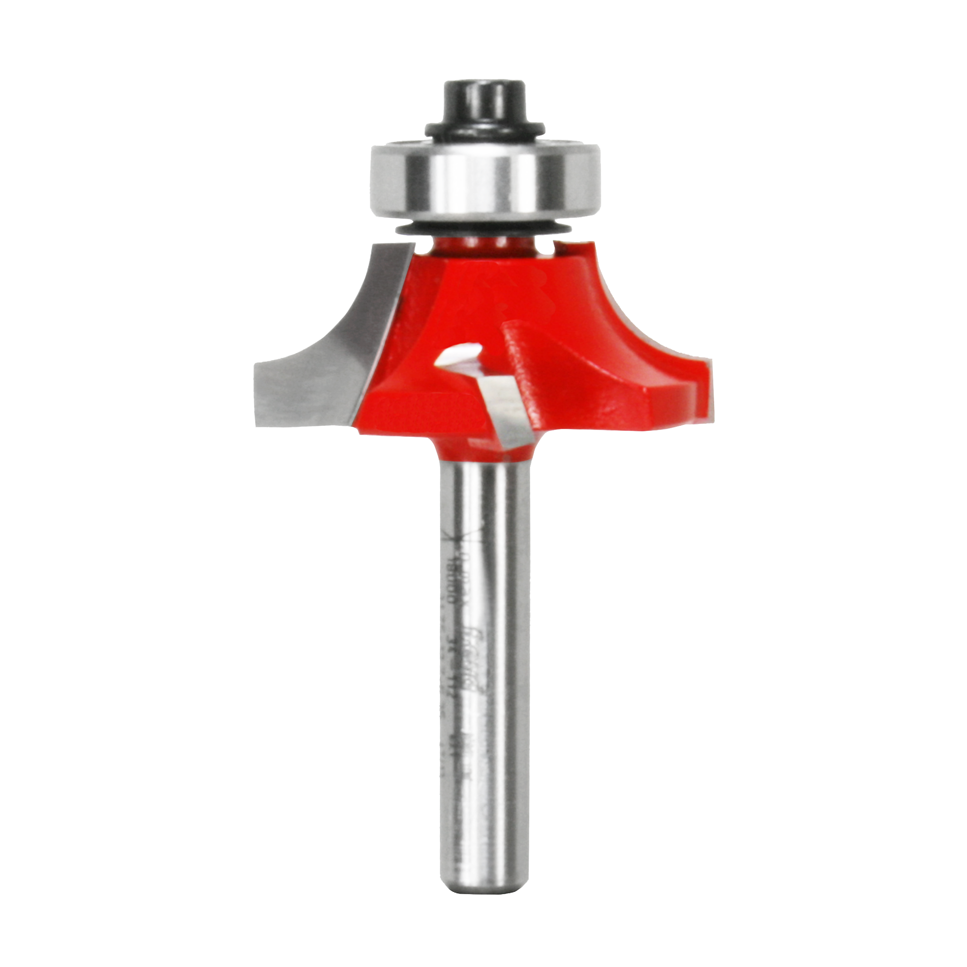 Router bit with red cutting head and silver metal shaft, featuring rounded cutting edges and bearing collar.