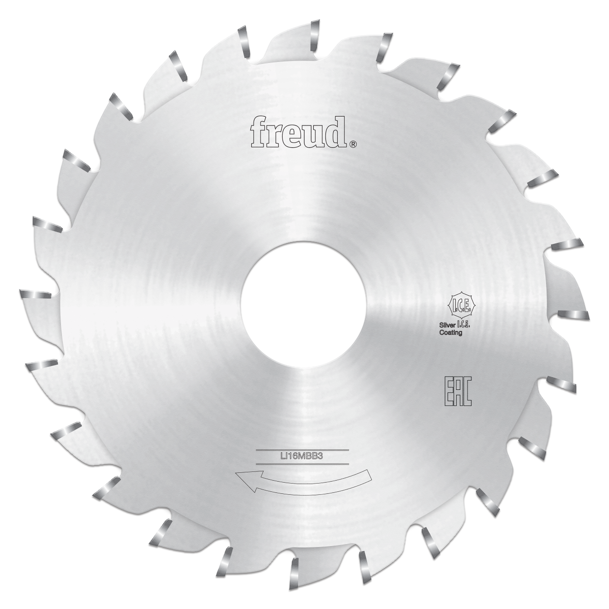 Freud circular saw blade with carbide teeth and center hole, silver coating, model number visible on face.
