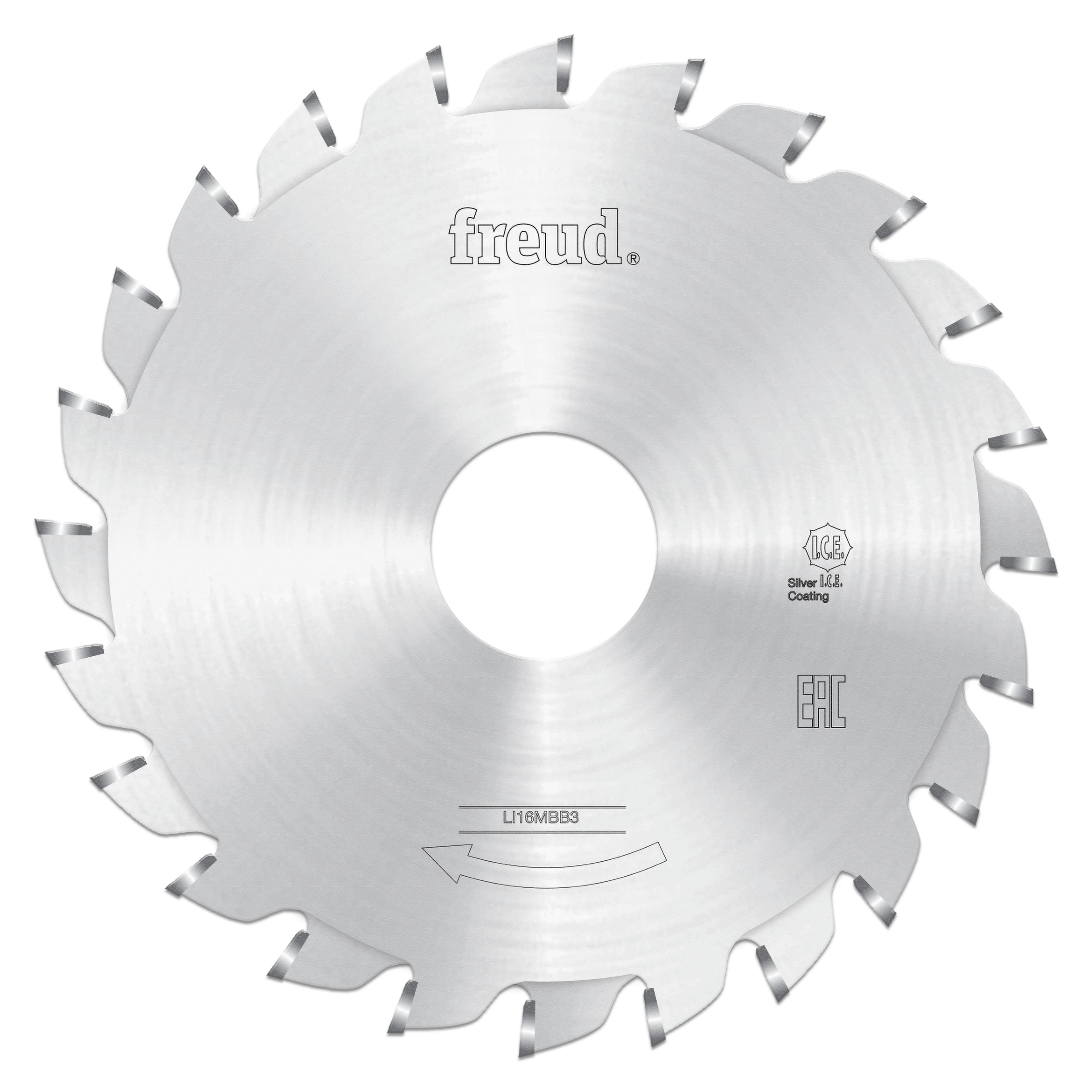 Freud circular saw blade with carbide teeth and center hole, silver coating, model number visible on face.