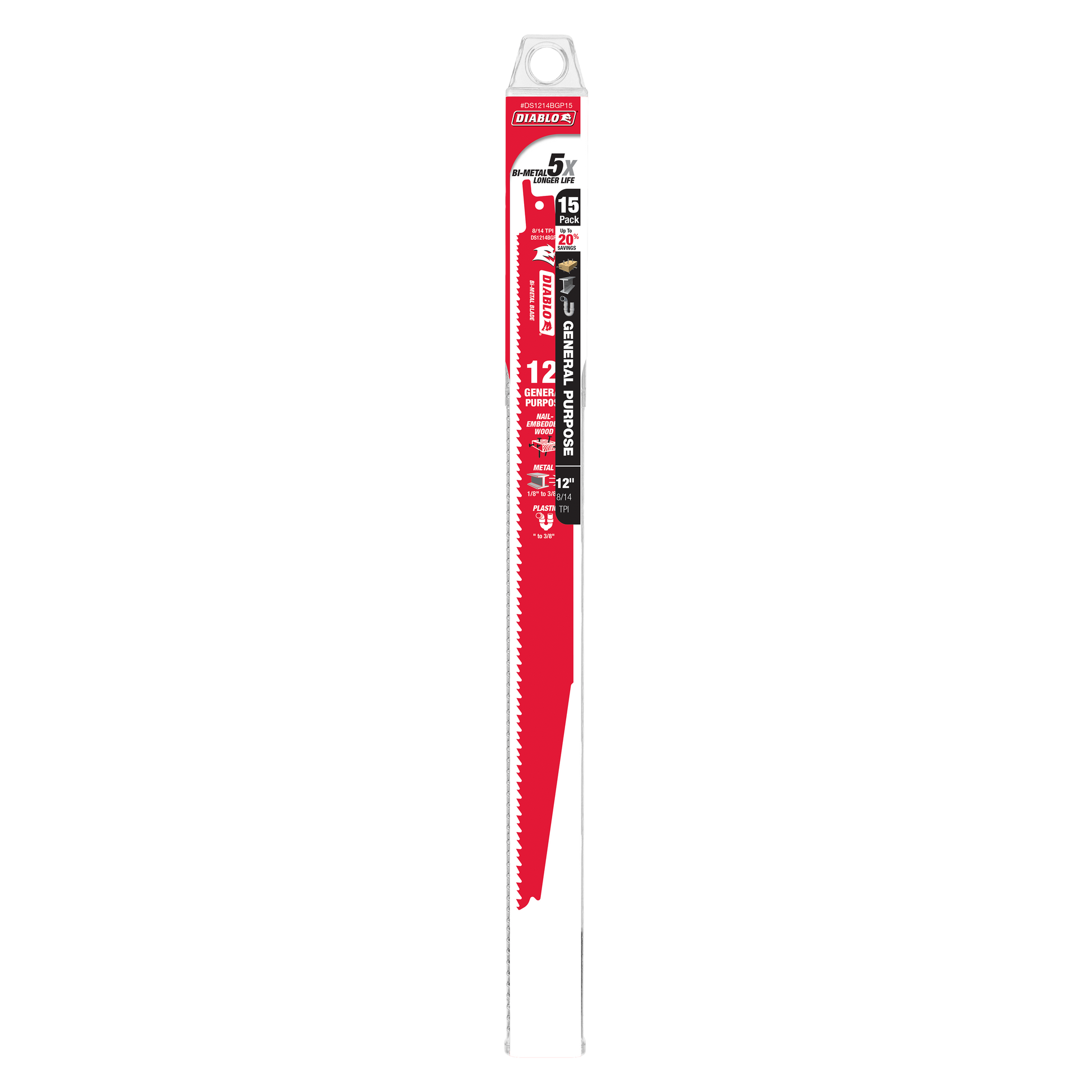 Diablo 12-inch bi-metal reciprocating saw blade with red coating and serrated edge in clear plastic packaging.