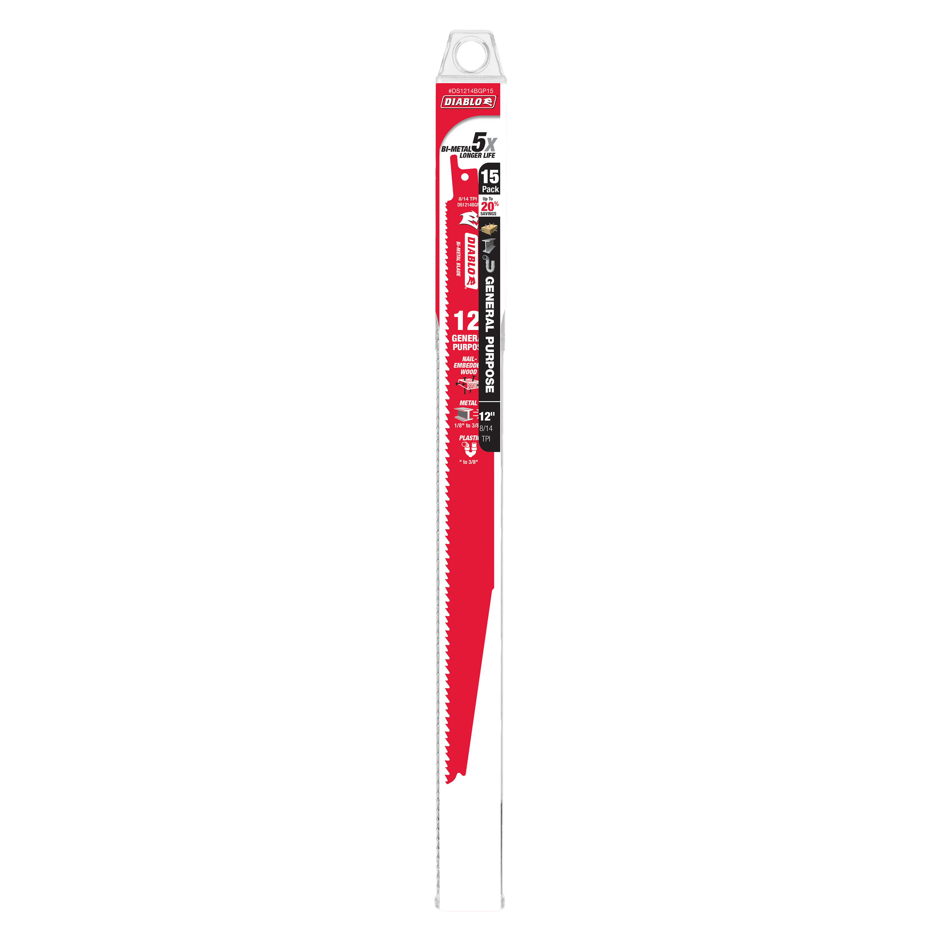 Diablo DS1214BGP15 12 in. Bi-Metal Recip Blade for Nail-Embedded Wood, Metal, and Plastic (15-Pack) - 5 Pack