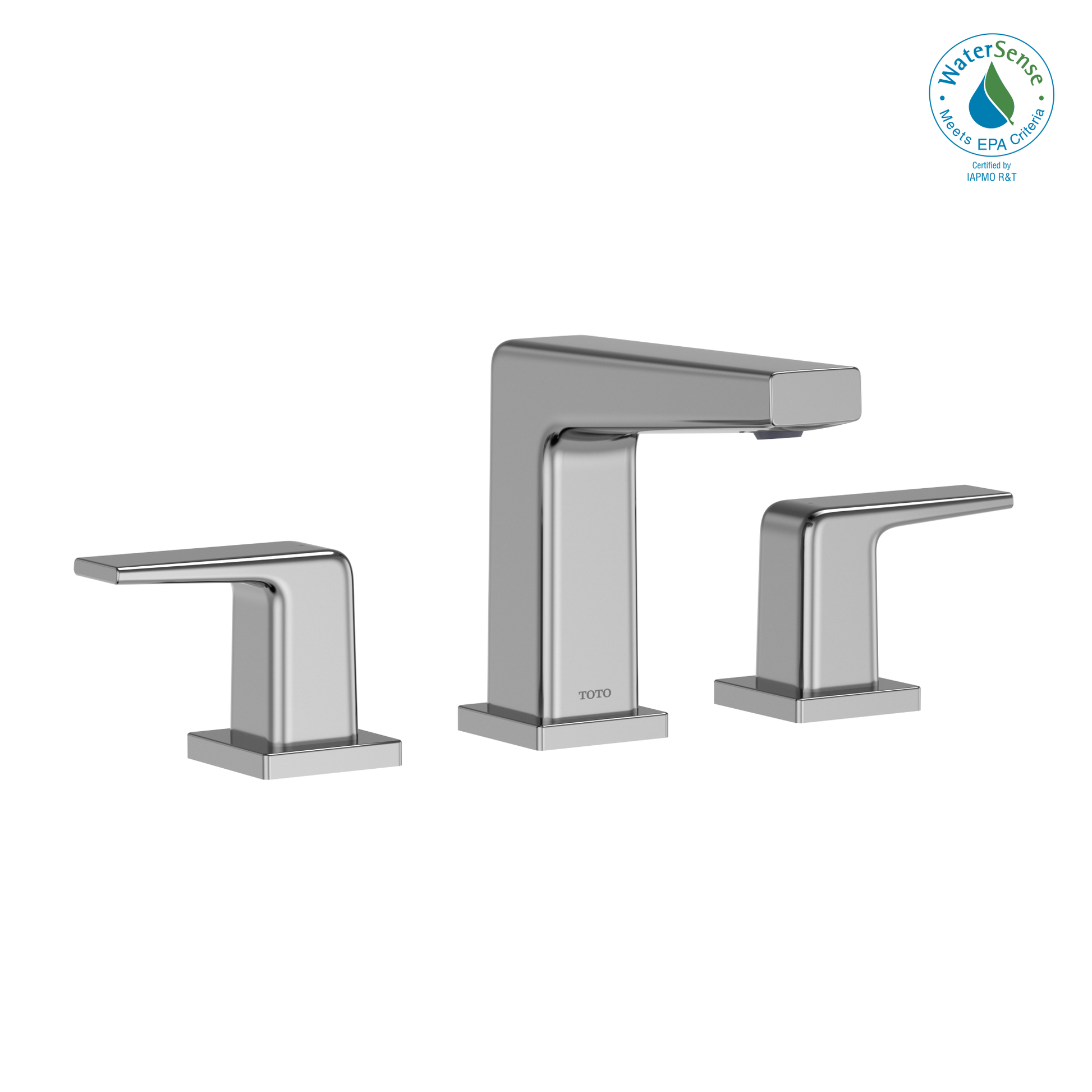 Polished chrome three-piece bathroom sink faucet with two handles and curved spout.