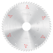Circular saw blade with silver body, white center hole, and gray teeth around the perimeter with red Freud logos.