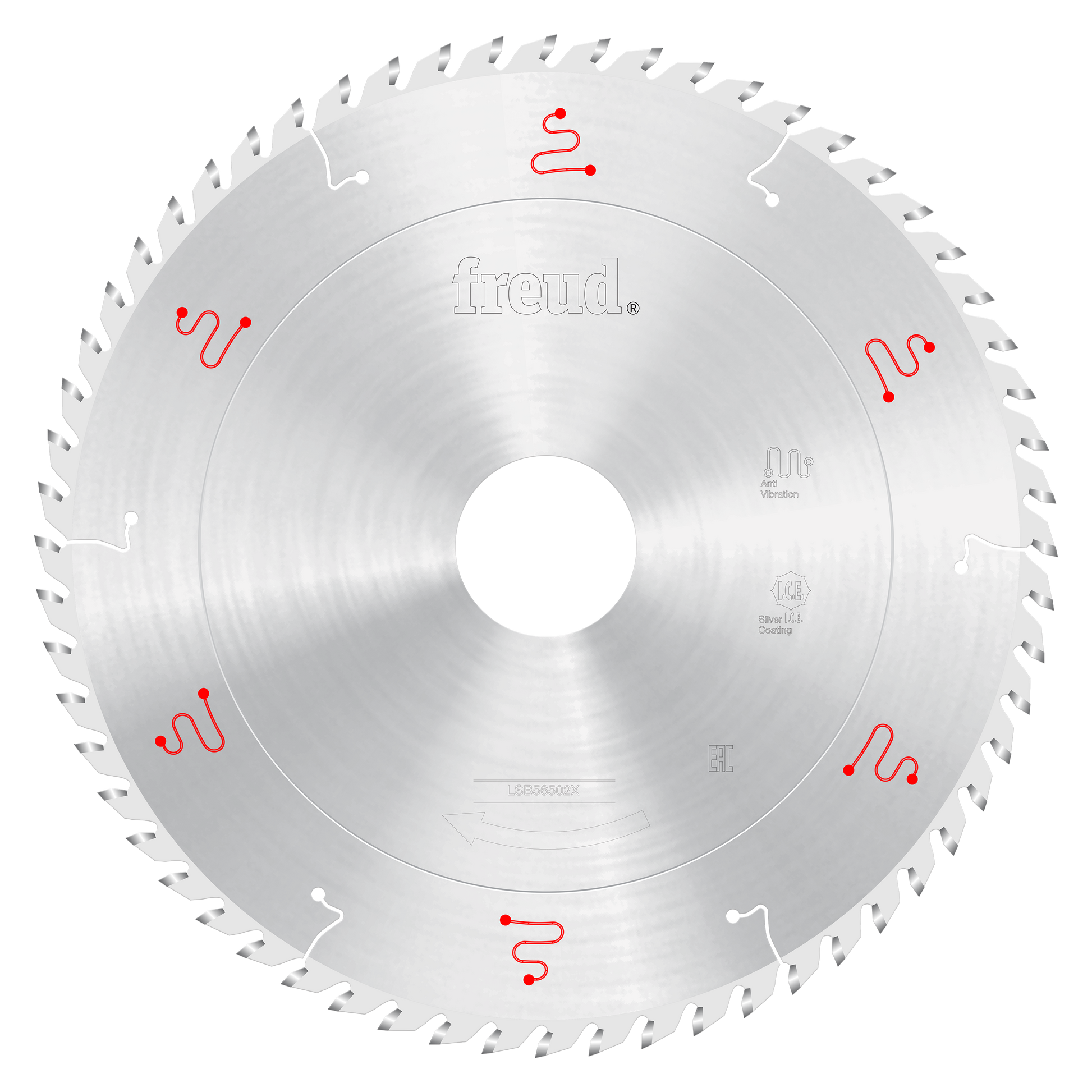 Circular saw blade with silver body, white center hole, and gray teeth around the perimeter with red Freud logos.