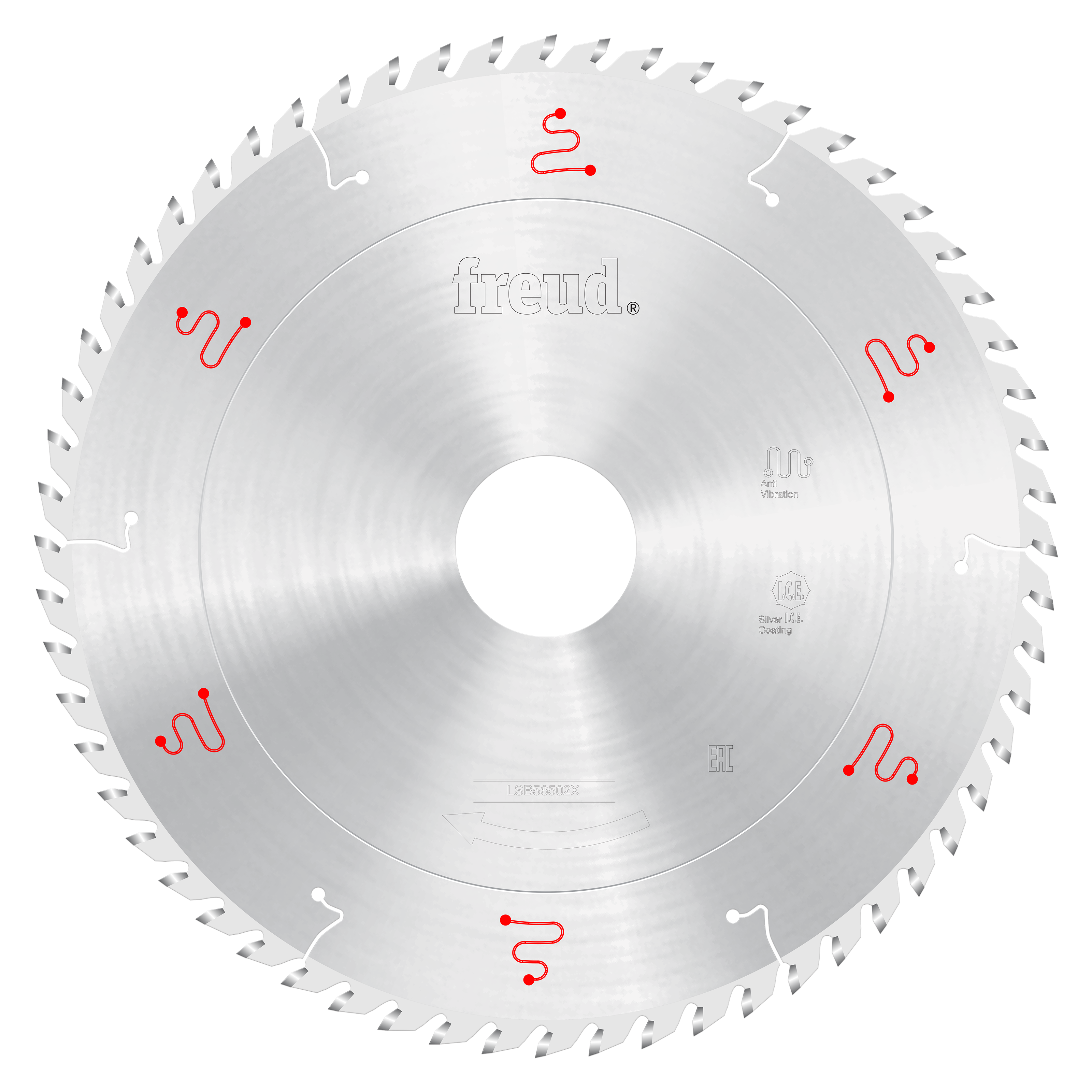 Circular saw blade with silver body, white center hole, and gray teeth around the perimeter with red Freud logos.