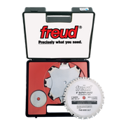 Freud 8" Super Dado set in black carrying case with multiple saw blades and spacers.