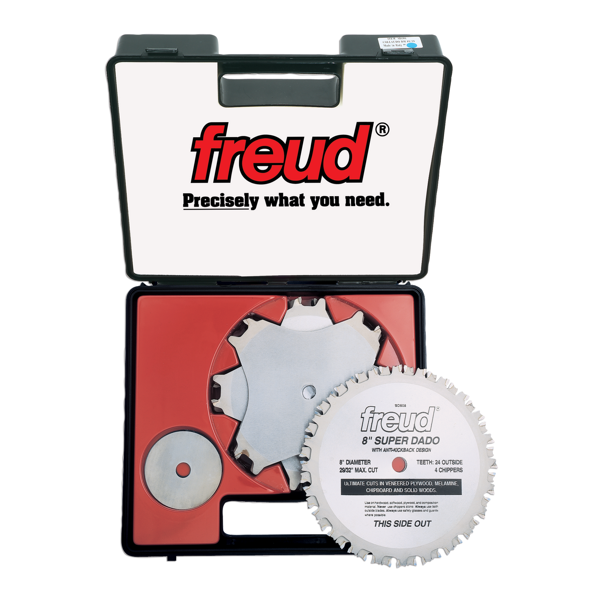Freud 8" Super Dado set in black carrying case with multiple saw blades and spacers.