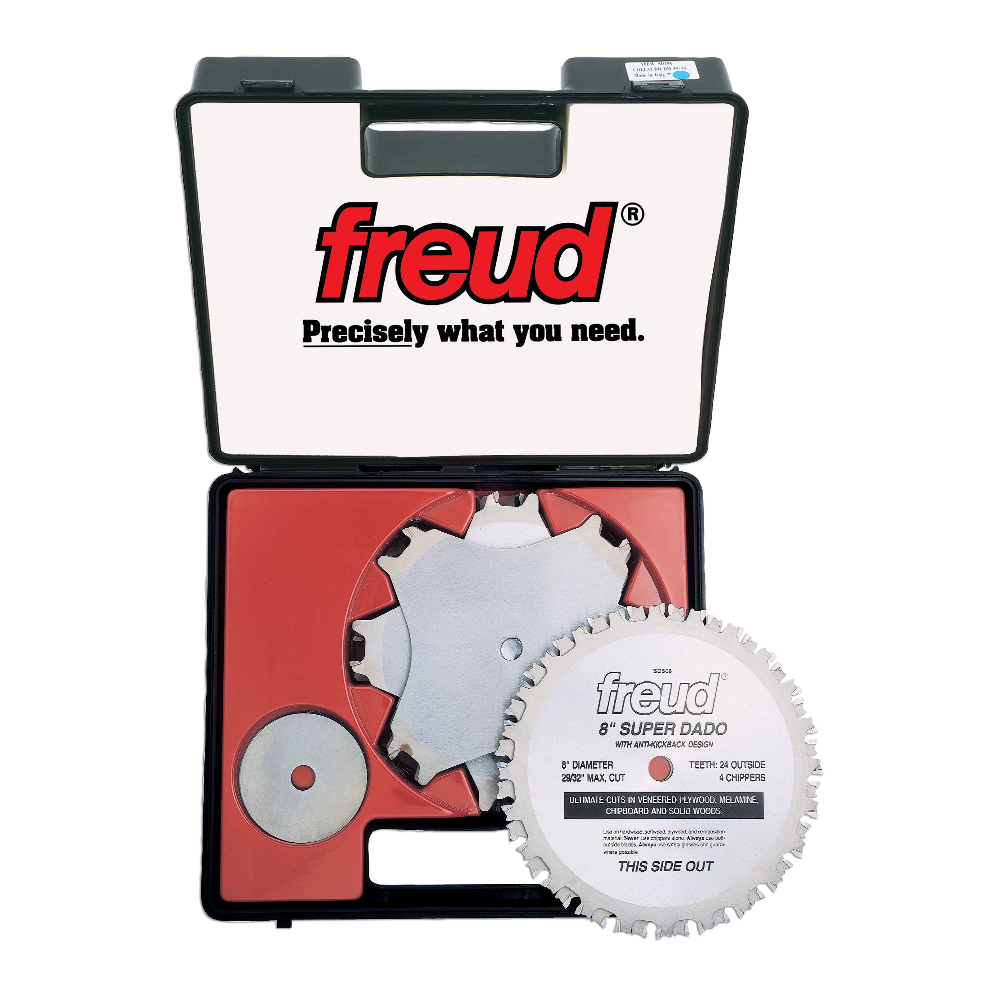 Freud 8" Super Dado set in black carrying case with multiple saw blades and spacers.