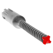 SDS-Max hammer drill bit with gray grooved shaft, white connector end, and red carbide cutting head with four flutes.