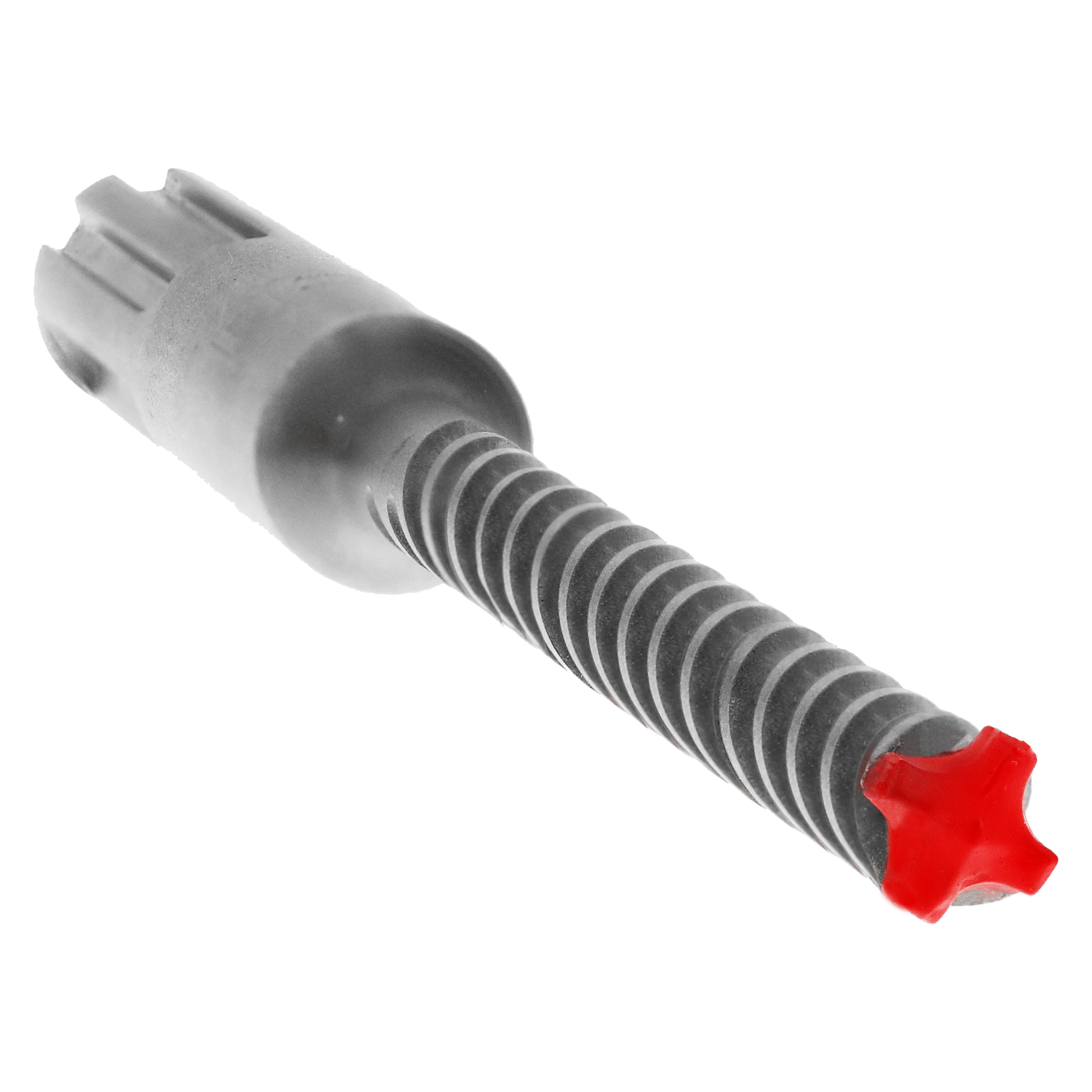 SDS-Max hammer drill bit with gray grooved shaft, white connector end, and red carbide cutting head with four flutes.