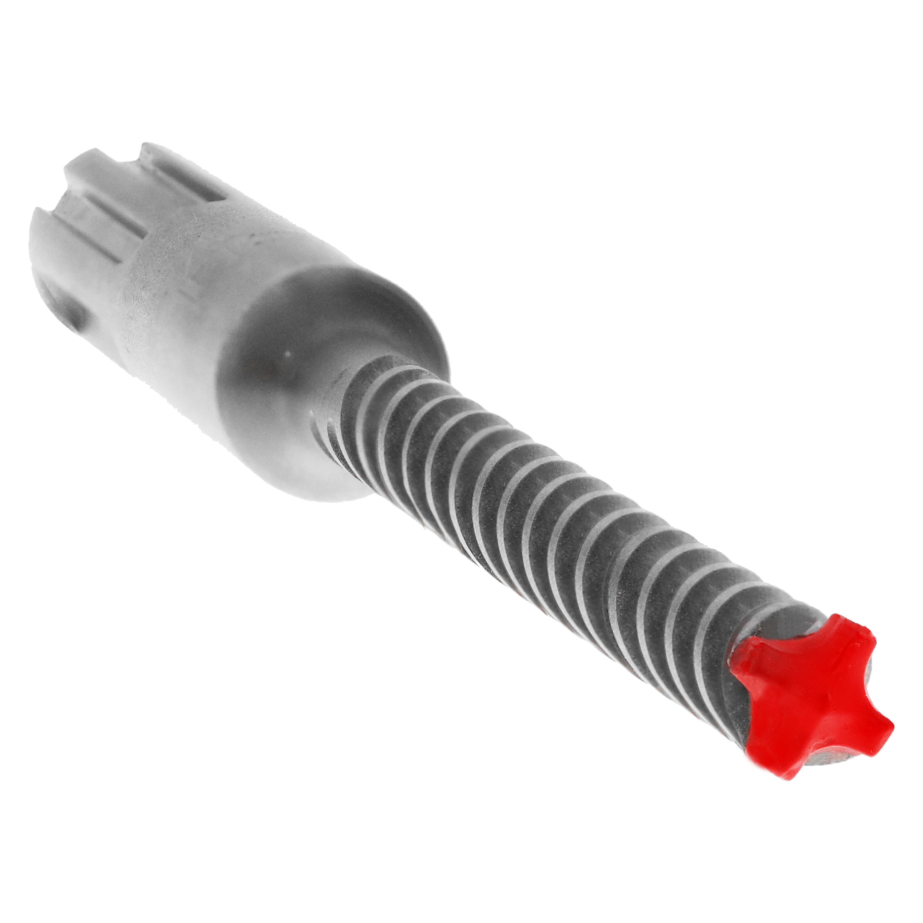 SDS-Max hammer drill bit with gray grooved shaft, white connector end, and red carbide cutting head with four flutes.