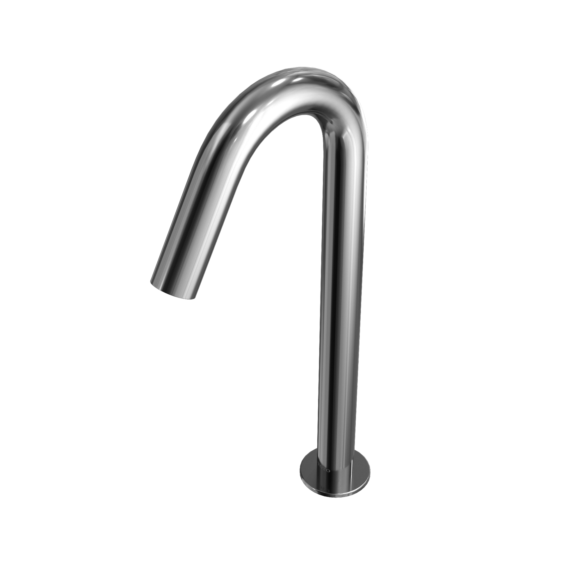 Polished chrome touchless bathroom faucet with curved spout and tall vessel-mount base.