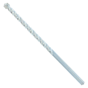 Silver carbide-tipped masonry drill bit with twisted flutes and pointed tip on white background.