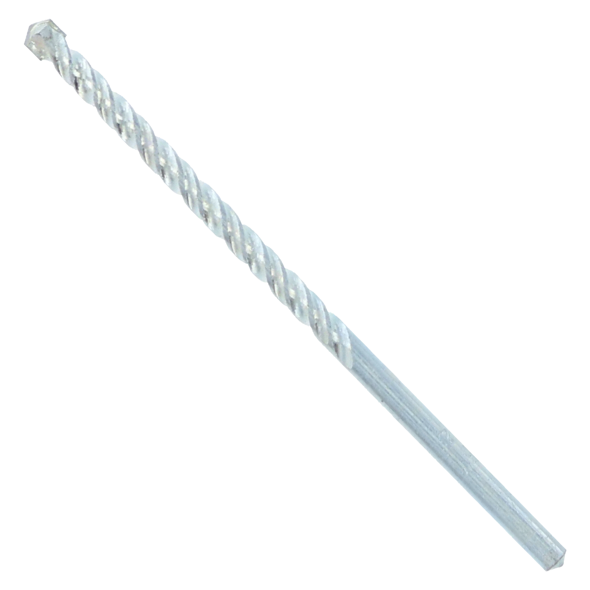 Silver carbide-tipped masonry drill bit with twisted flutes and pointed tip on white background.