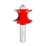 Silver router bit with red beading profile cutting head and silver bearings on top.