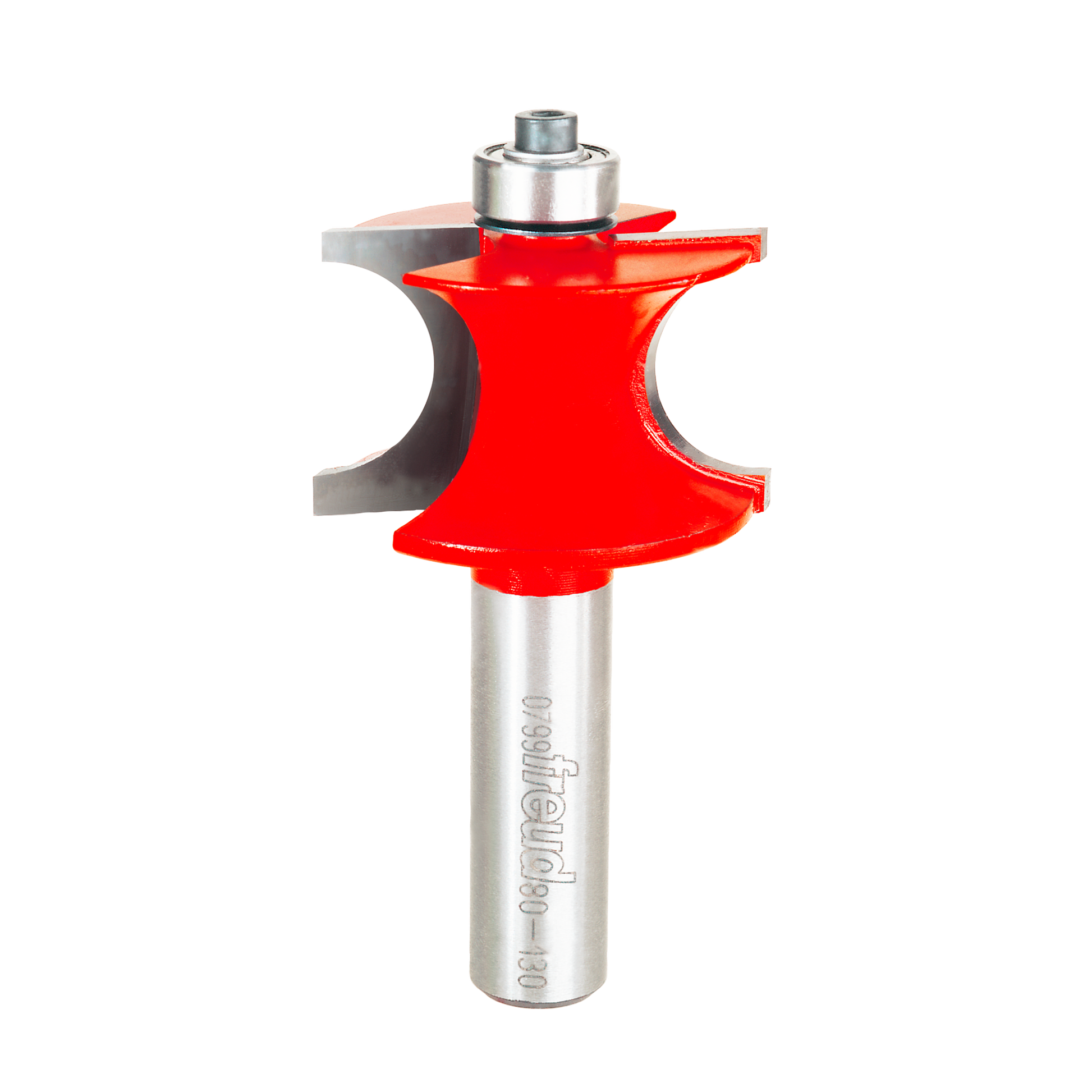 Silver router bit with red beading profile cutting head and silver bearings on top.