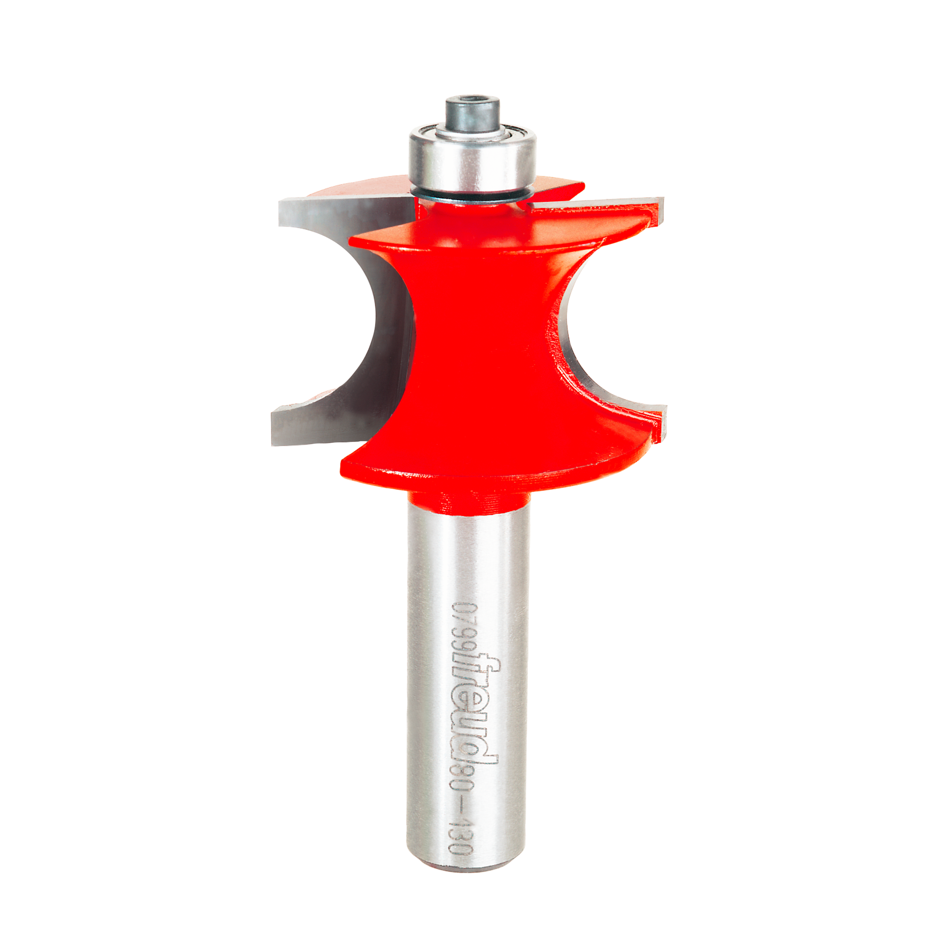 Silver router bit with red beading profile cutting head and silver bearings on top.