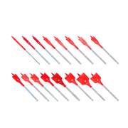 Sixteen red and gray spade drill bits arranged in two rows of eight, in varying sizes.