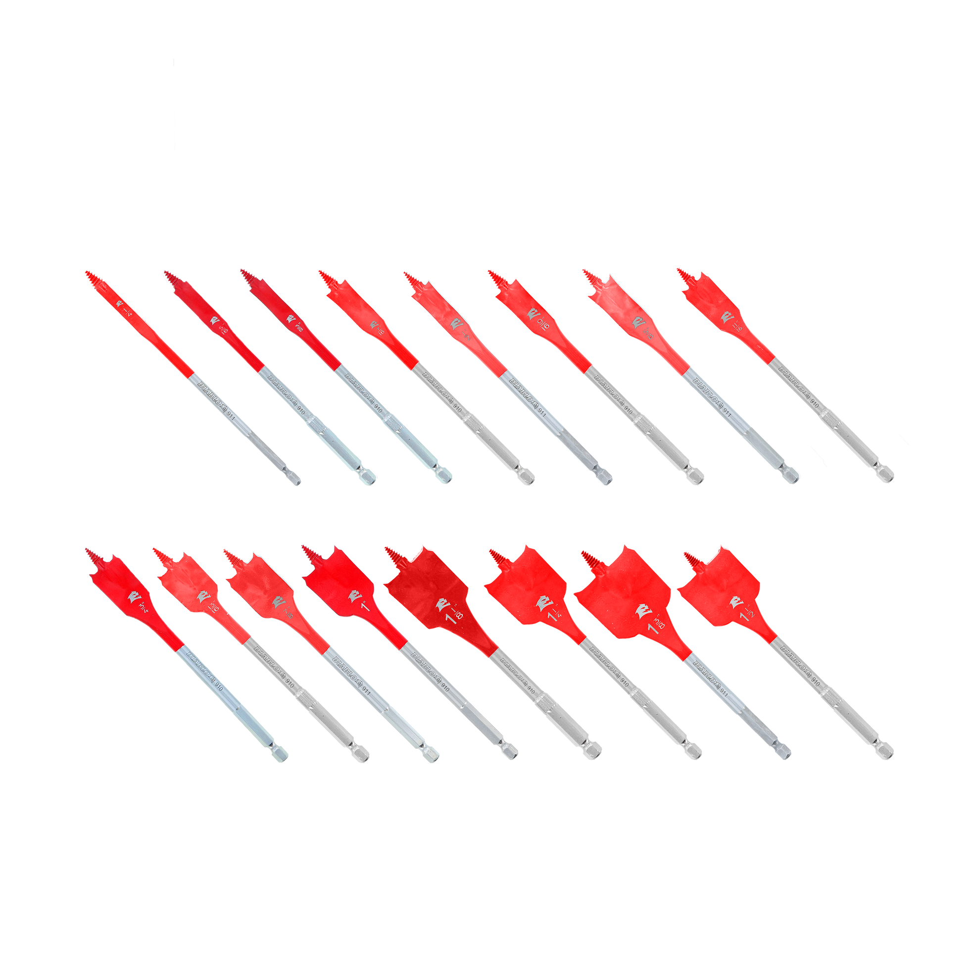 Sixteen red and gray spade drill bits arranged in two rows of eight, in varying sizes.