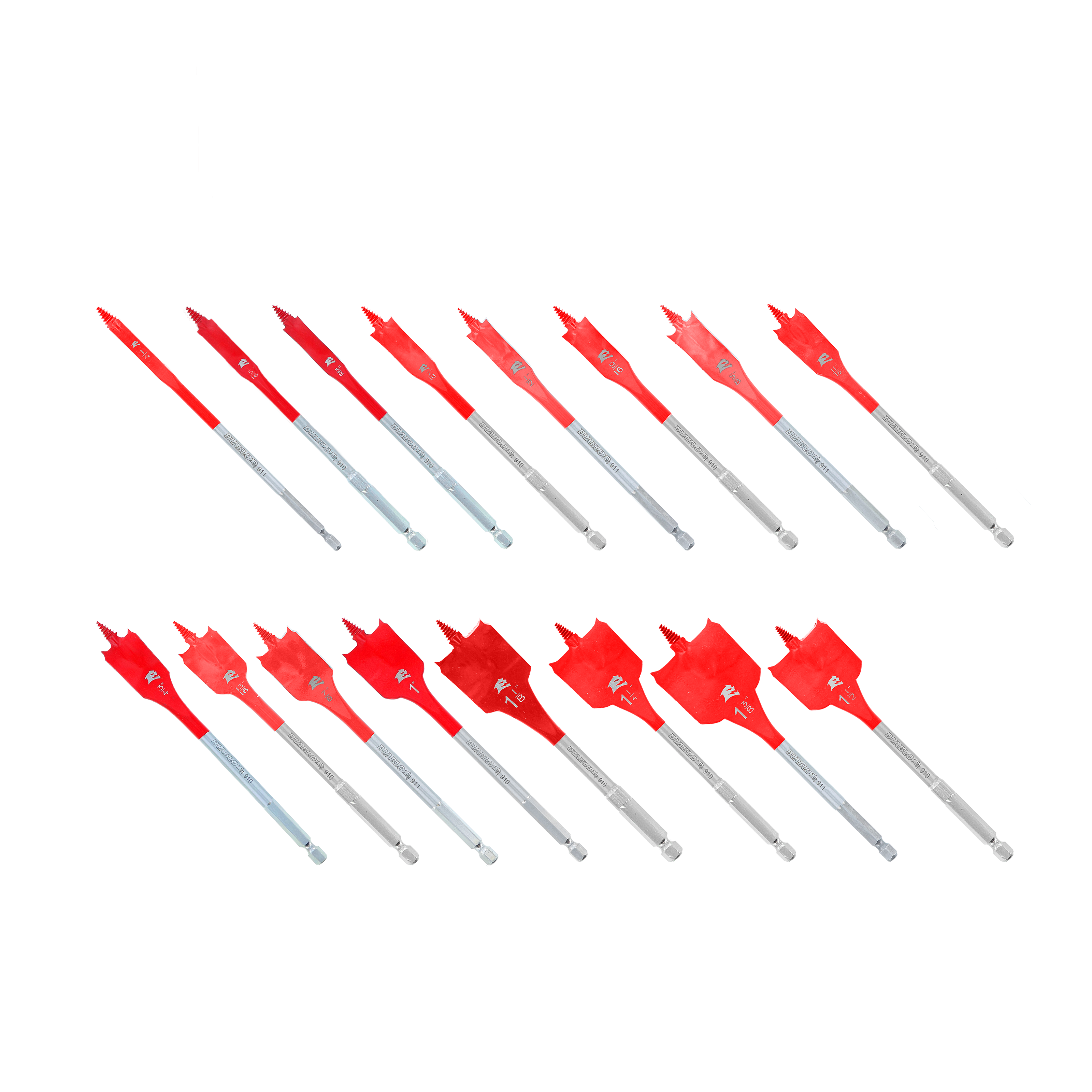 Sixteen red and gray spade drill bits arranged in two rows of eight, in varying sizes.