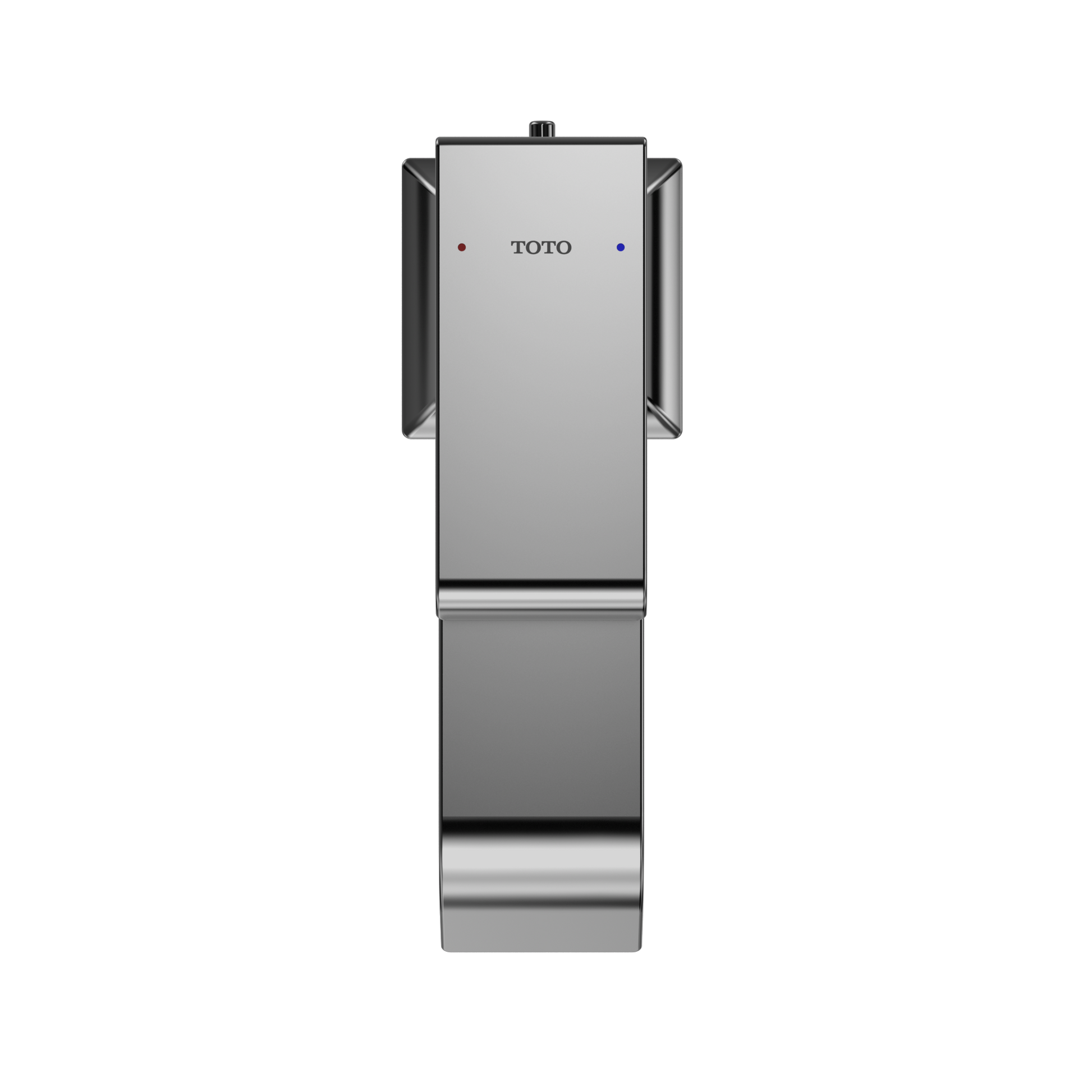 Polished chrome single-handle vessel faucet with rectangular body, side lever handles, and hot/cold indicator dots.