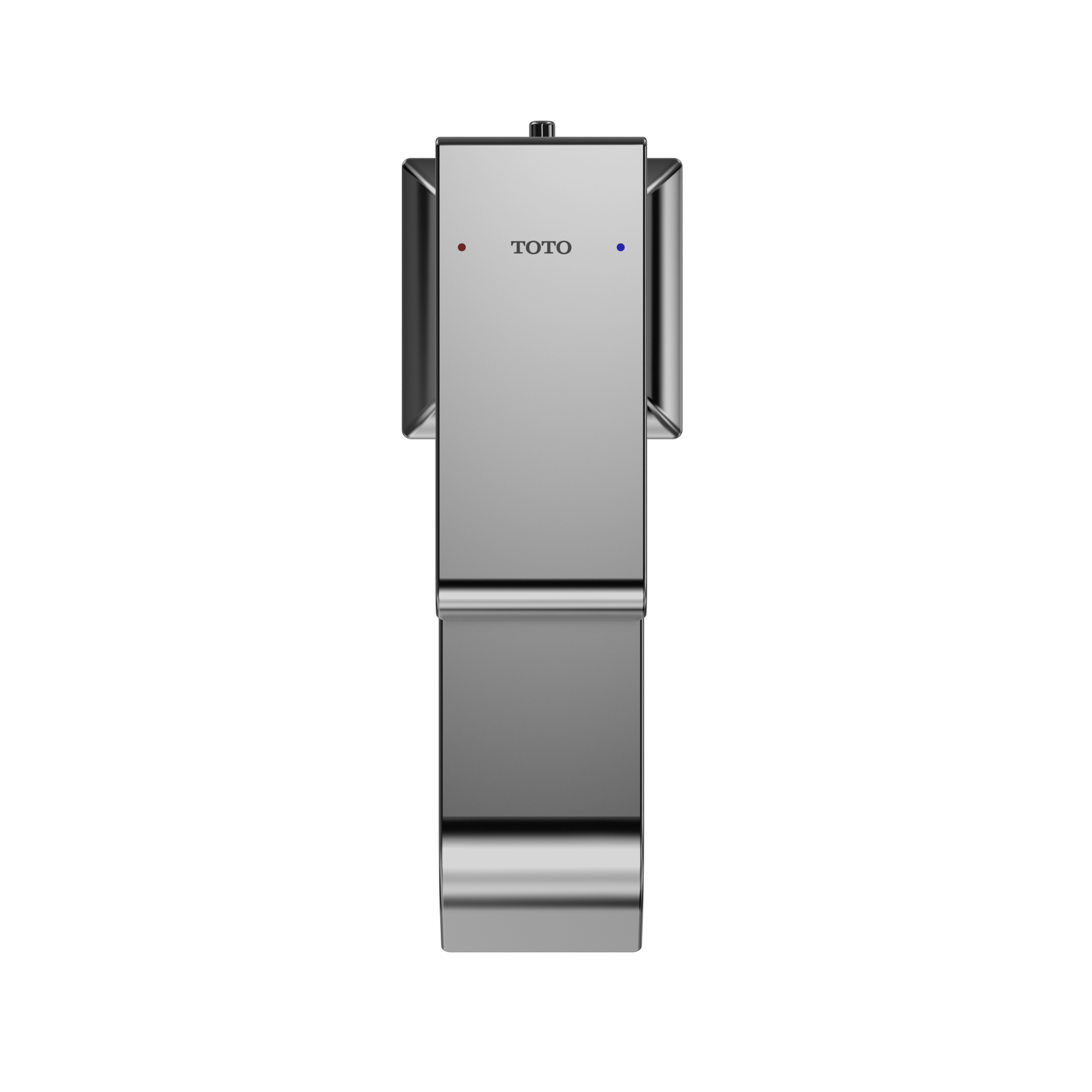 Polished chrome single-handle vessel faucet with rectangular body, side lever handles, and hot/cold indicator dots.