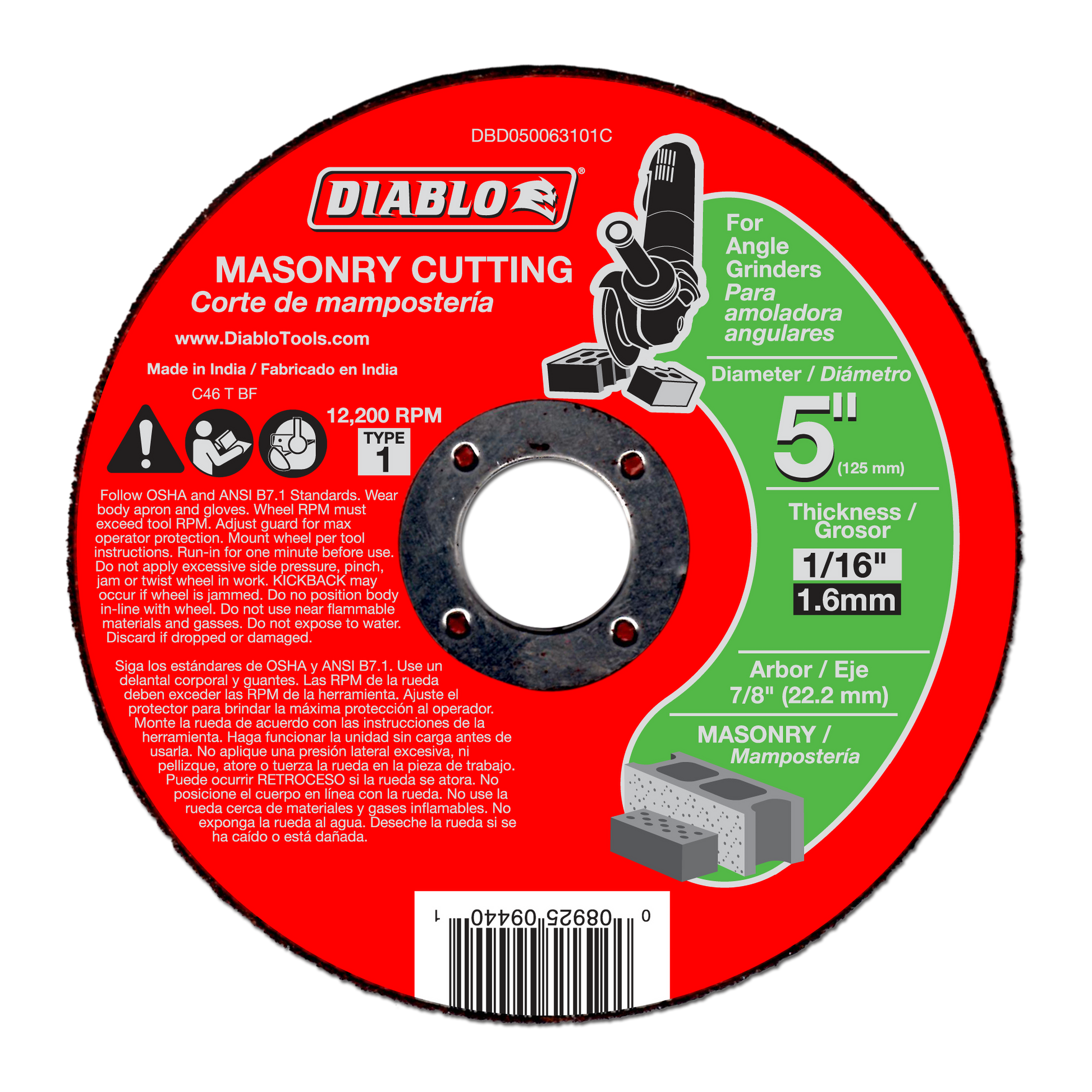 Red masonry cutting disc with 5-inch diameter, 1/16-inch thickness, and 7/8-inch arbor hole for angle grinders.