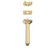 Antique gold ceiling mount shower arm with round and square mounting flanges, 7 inches long.