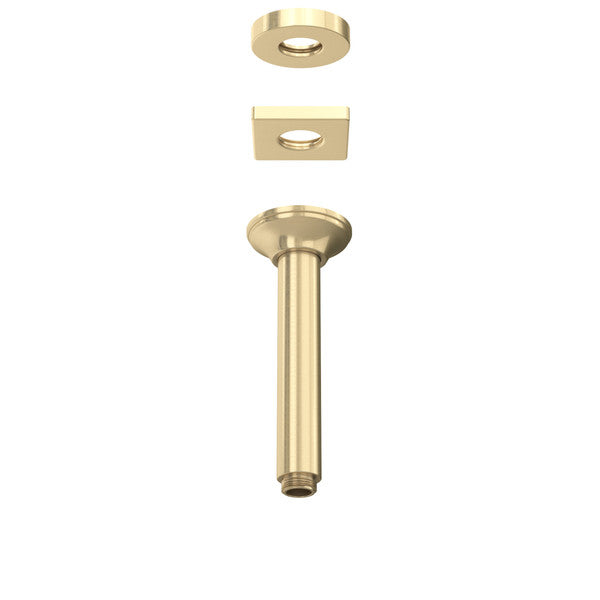 Antique gold ceiling mount shower arm with round and square mounting flanges, 7 inches long.