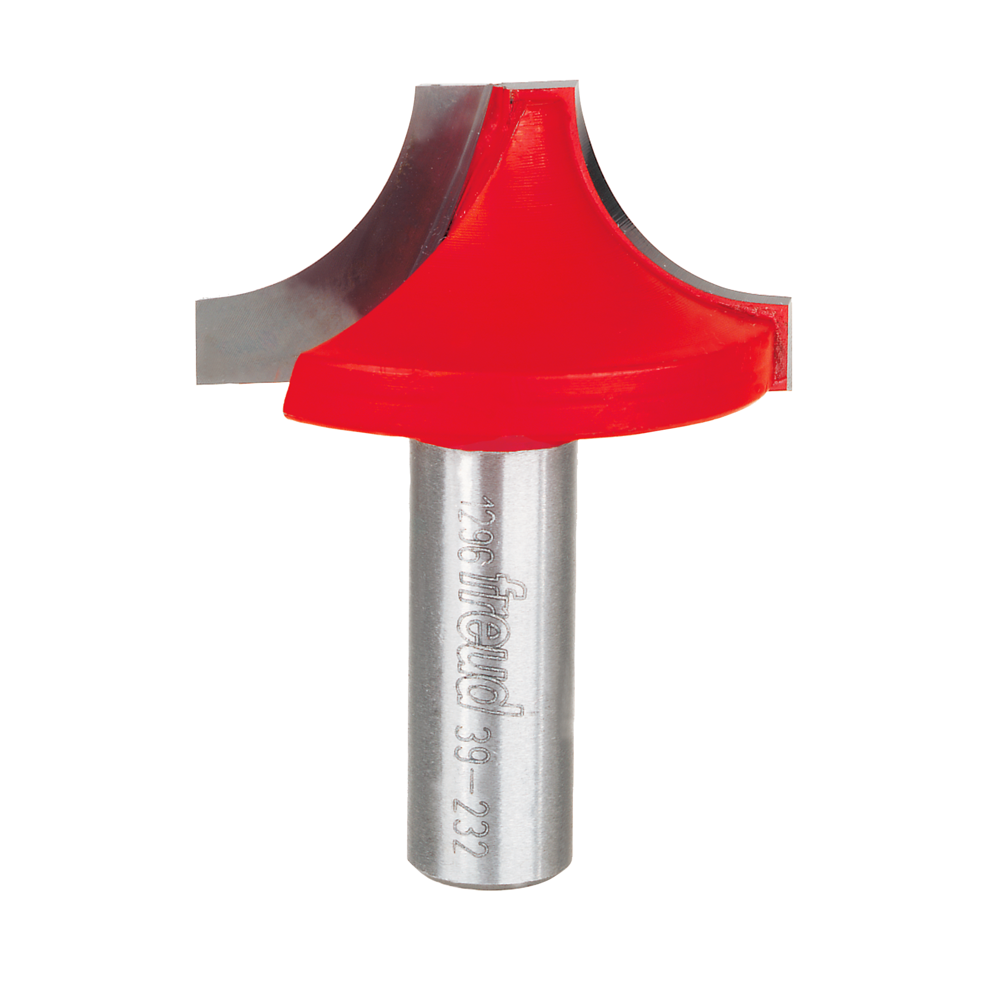 Router bit with red ovolo cutting head and silver metal shank with curved profile cutting edge.