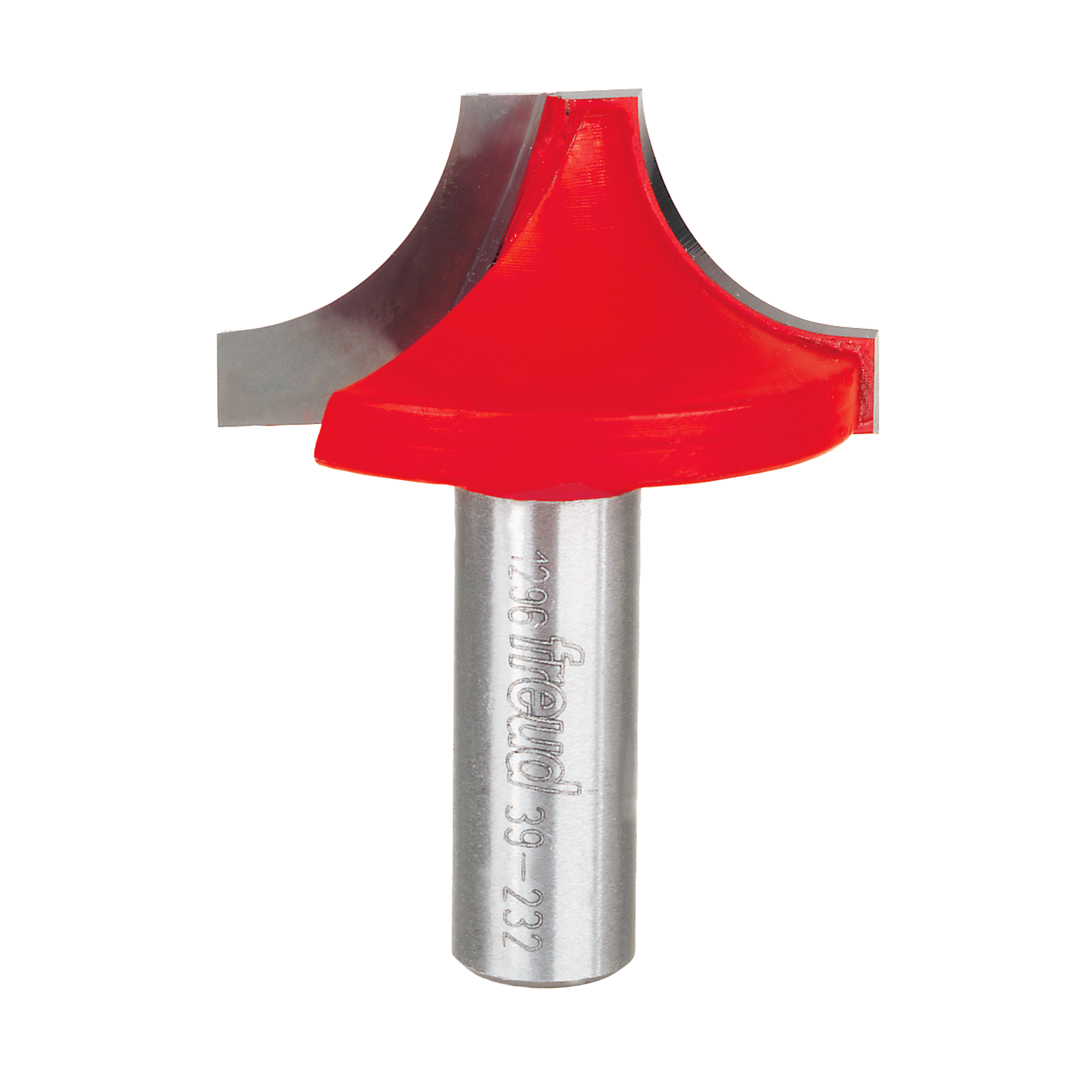 Router bit with red ovolo cutting head and silver metal shank with curved profile cutting edge.
