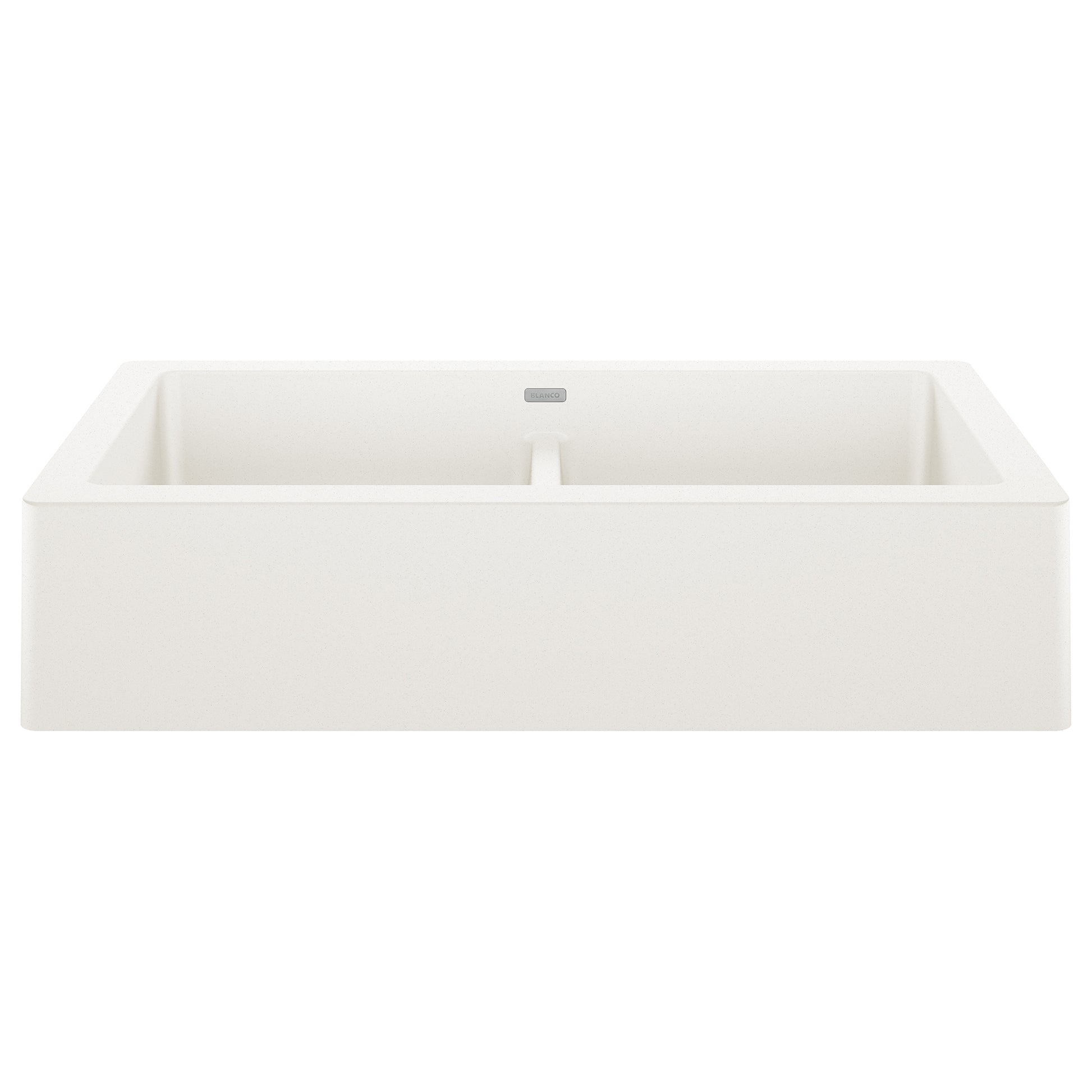 White double basin farmhouse sink with apron front and center divider.