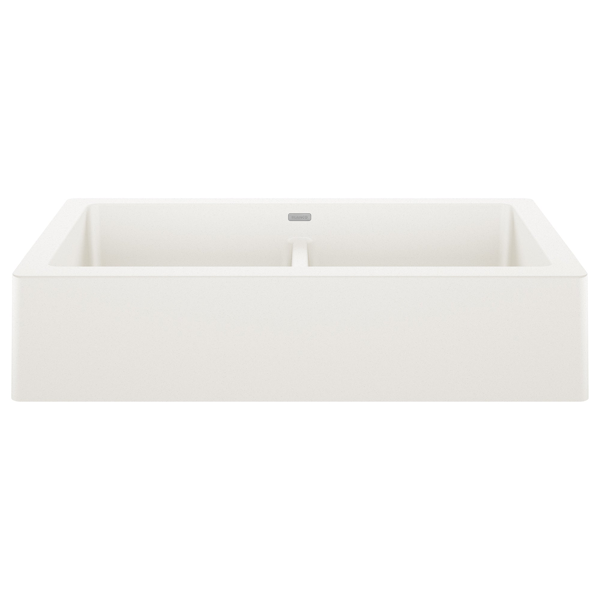 White double basin farmhouse sink with apron front and center divider.