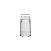 Stainless steel mesh basket with rectangular shape, divided compartments, and rounded top handle for drawer or sink installat