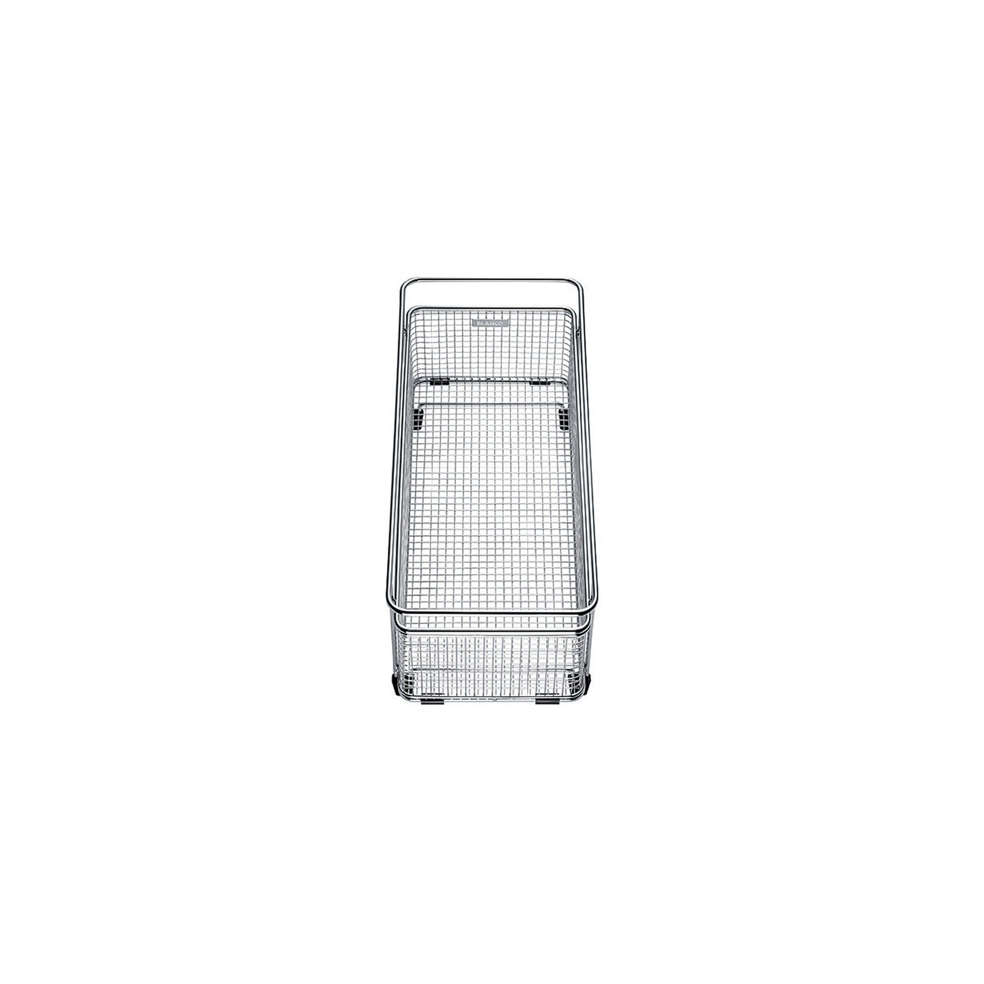 Stainless steel mesh basket with rectangular shape, divided compartments, and rounded top handle for drawer or sink installat