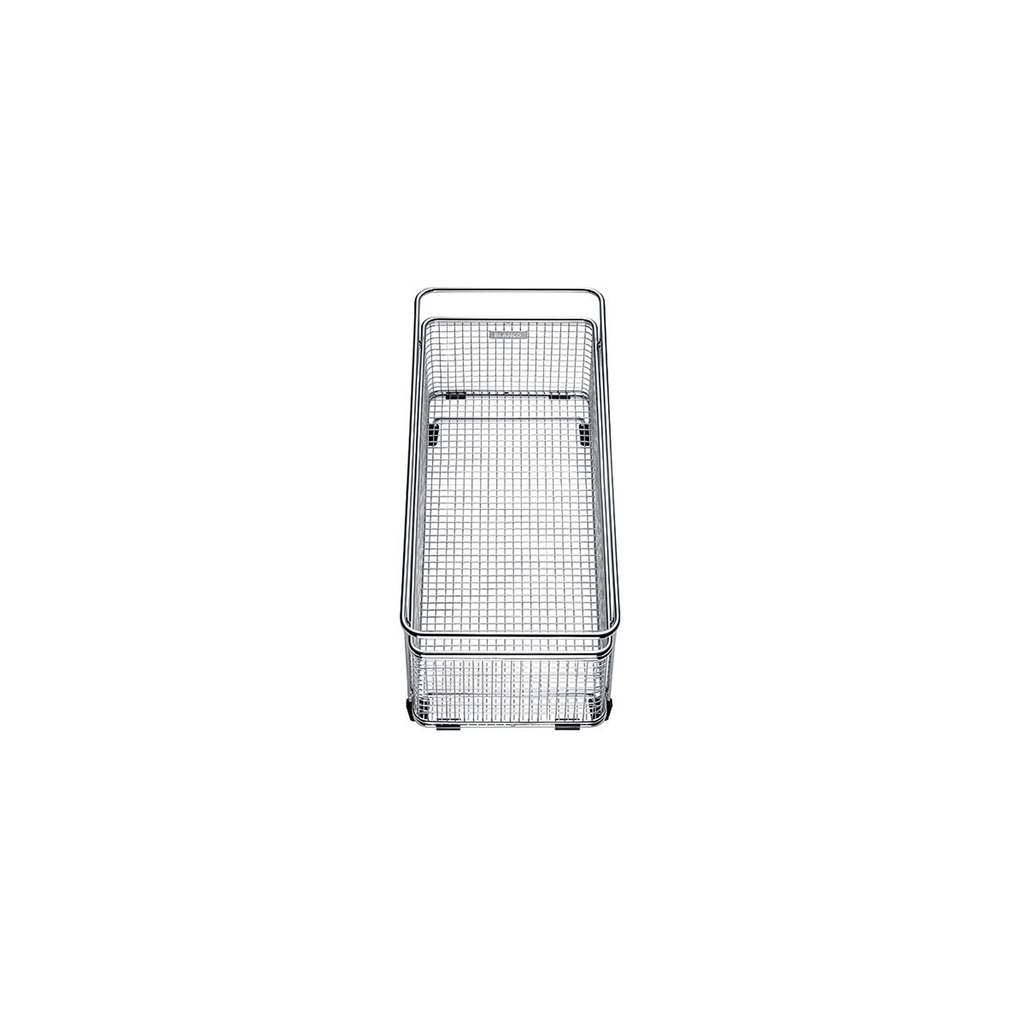 Stainless steel mesh basket with rectangular shape, divided compartments, and rounded top handle for drawer or sink installat