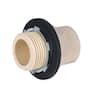 White CPVC water heater pan adapter fitting with black rubber gasket and threaded connections.