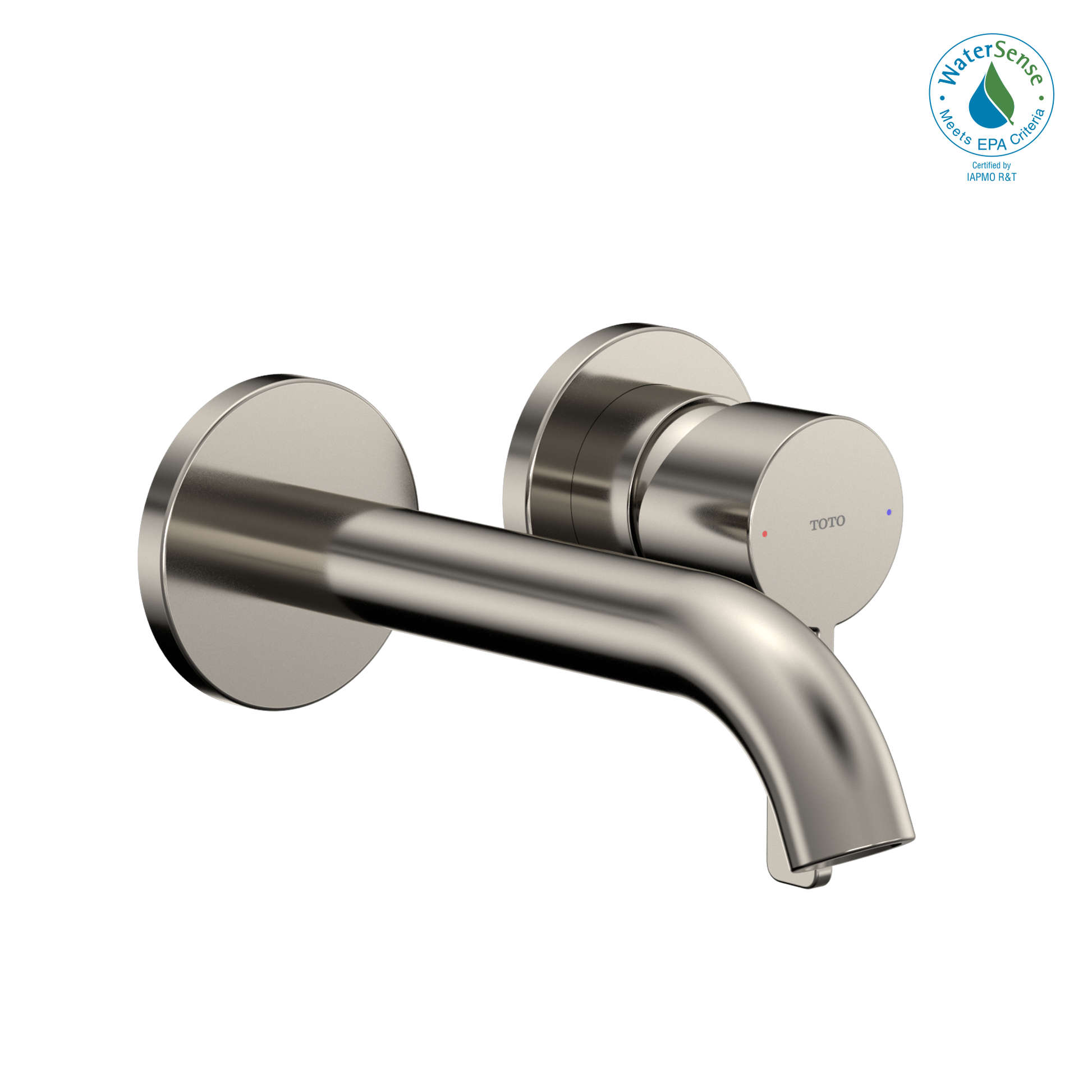 Polished nickel wall-mount bathroom faucet with single handle and curved spout.