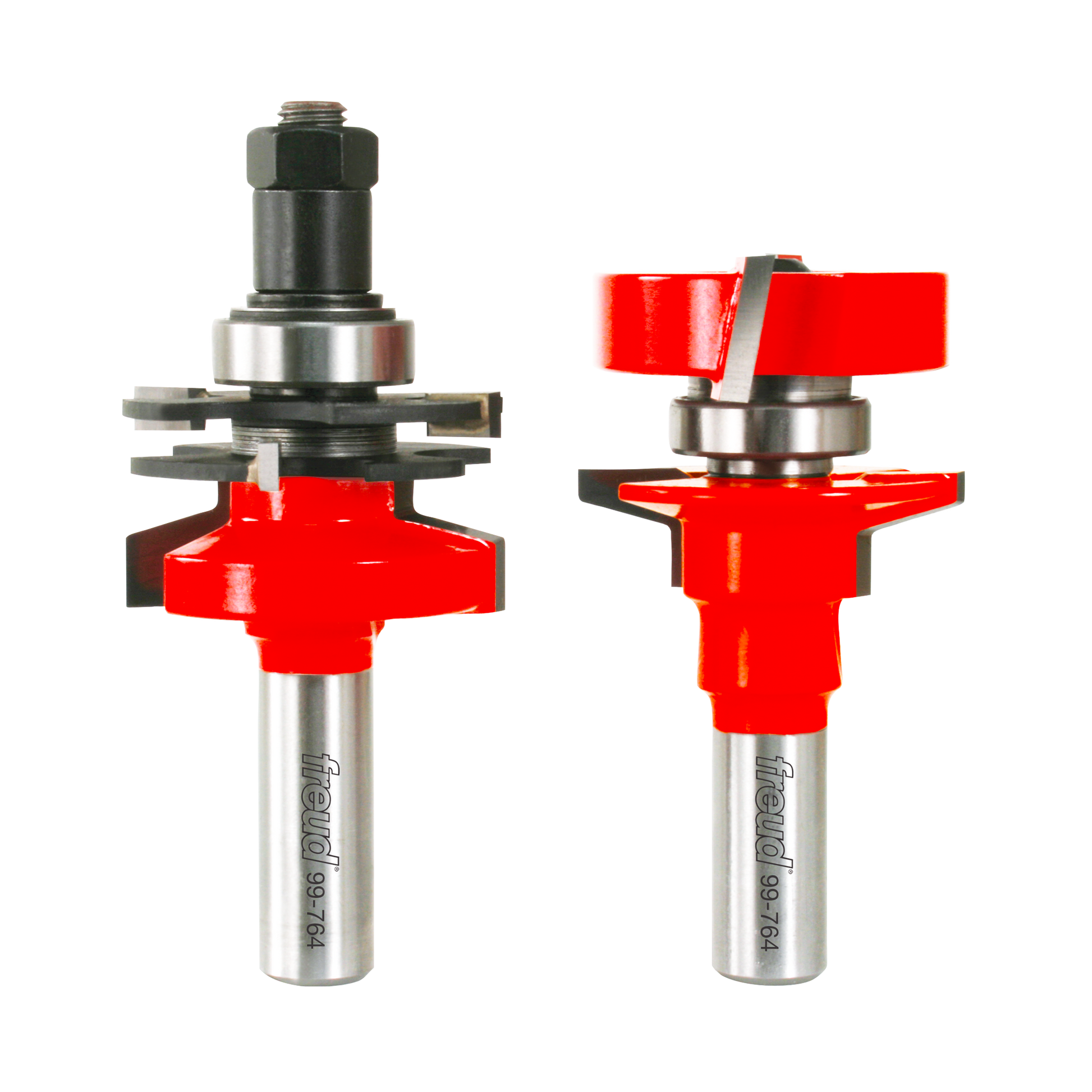 Two Freud router bits with red cutting heads and silver shanks, one with adjustable components on top and one with a straight