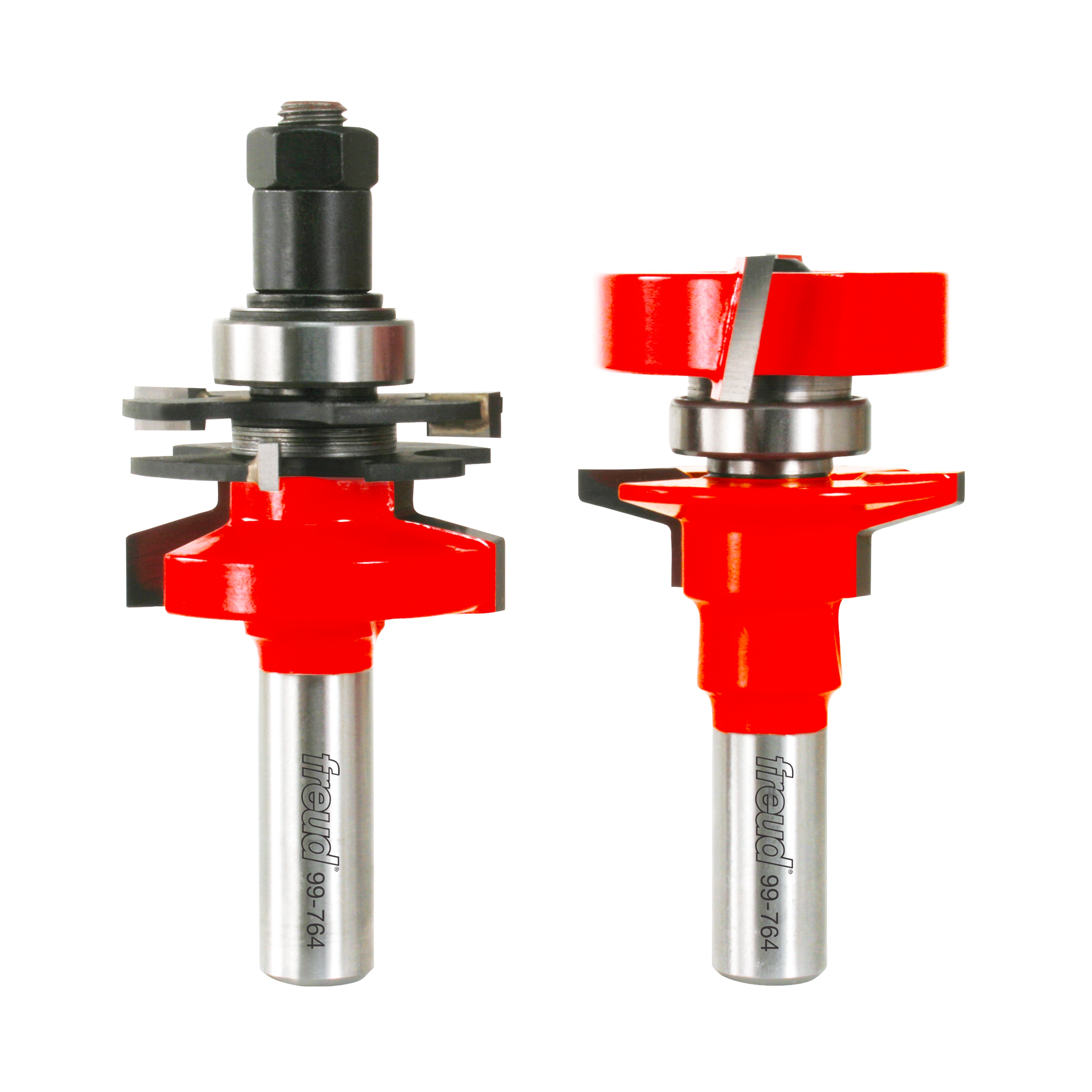 Two Freud router bits with red cutting heads and silver shanks, one with adjustable components on top and one with a straight