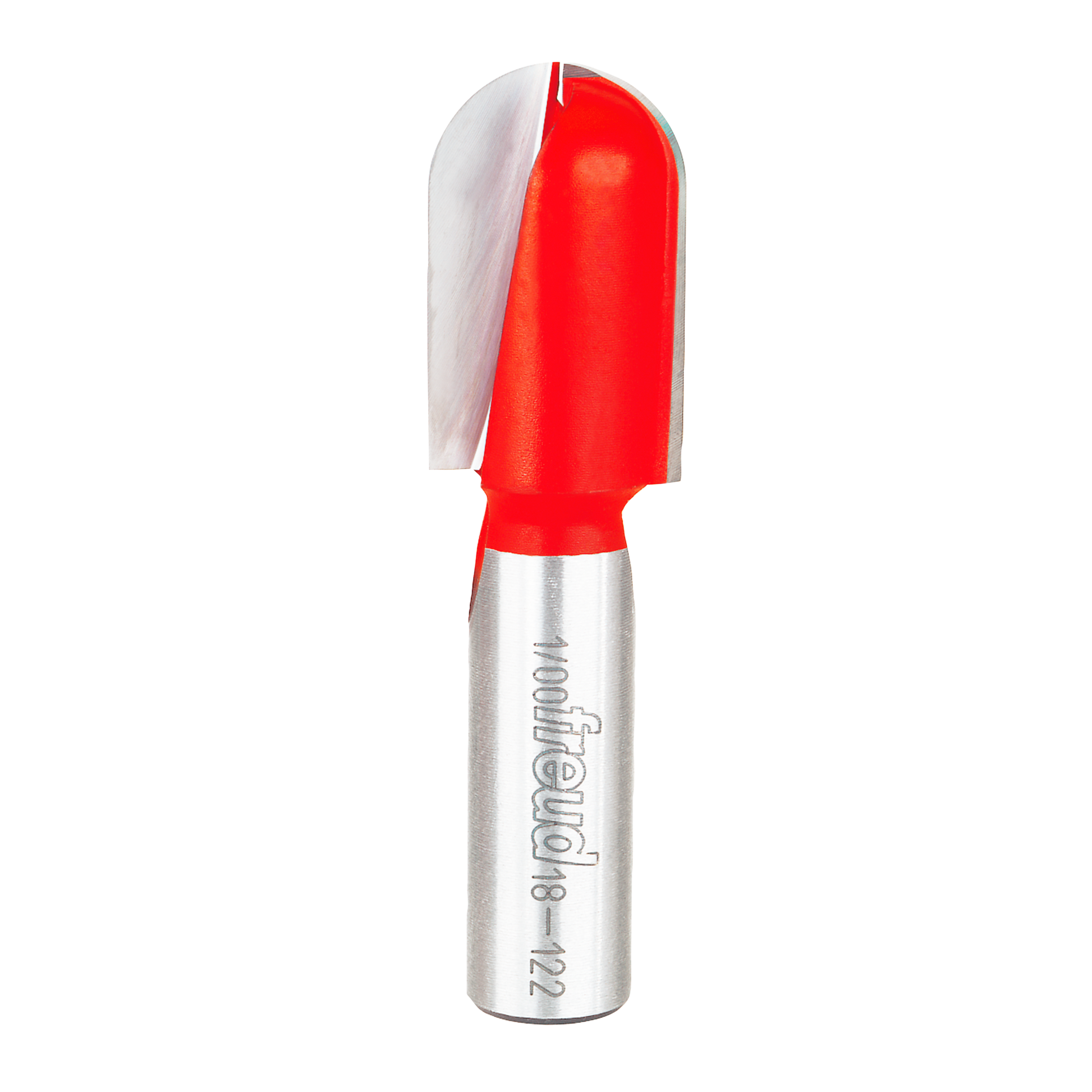 Router bit with red cutting head and silver shank labeled Freud 18-122, featuring rounded nose profile.