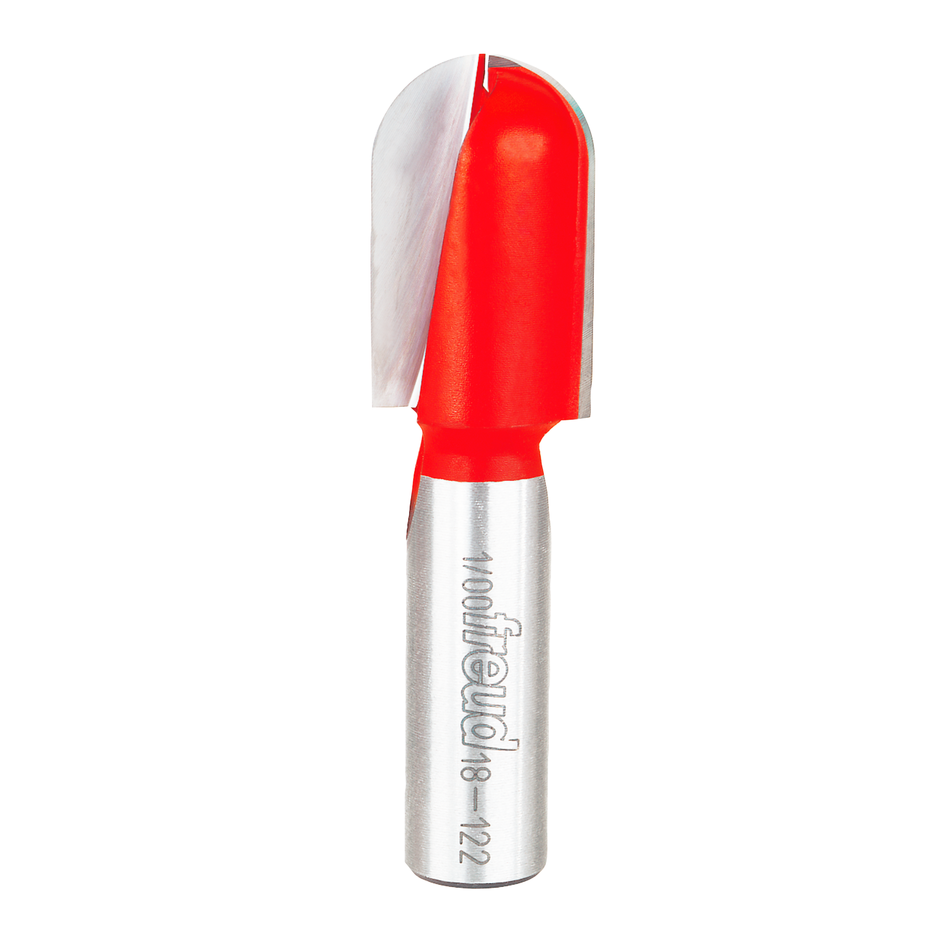 Router bit with red cutting head and silver shank labeled Freud 18-122, featuring rounded nose profile.